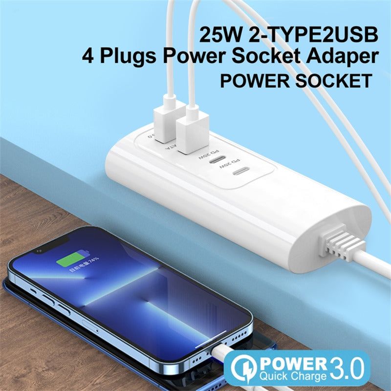 0.3m USB Plug PD 25W Fast Charge Power Socket 2 USB + 2 Type-C Phone Tablet Charger Charging Station - UNIQKART