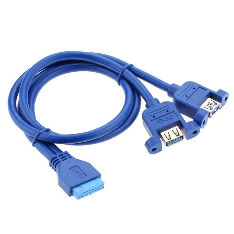0.5m Dual 2 Port USB 3.0 A Female to 20-pin Female Adapter Connector Cable Motherboard Accessories (with 2 nuts) - Blue - UNIQKART