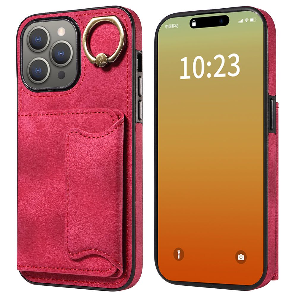 001 Ring Kickstand Case for iPhone 15 Pro Max PU+TPU Wallet Phone Case Skin-Touch Shockproof Cover - Red - UNIQKART