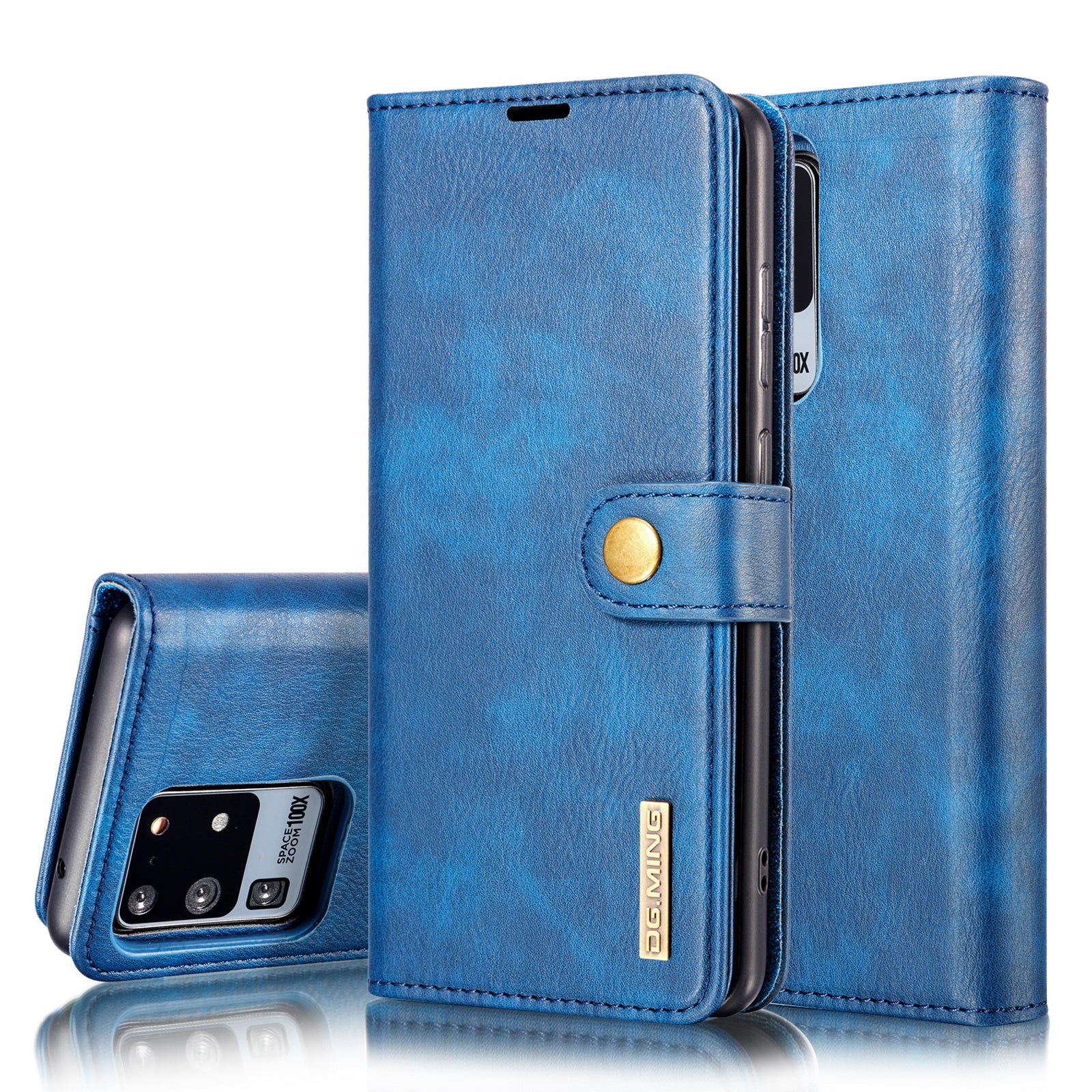 DG.MING Detachable 2-in-1 Split Leather Wallet Shell + PC Back Case for Samsung Galaxy S20 Ultra - Blue