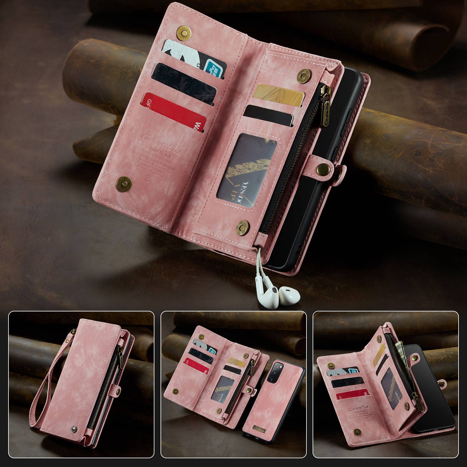 CASEME 008 Series for Samsung Galaxy S20 5G / 4G Multifunctional Detachable Magnetic Absorption Cell Phone Case Anti-scratch Wallet Stand PU Leather Cover - Pink