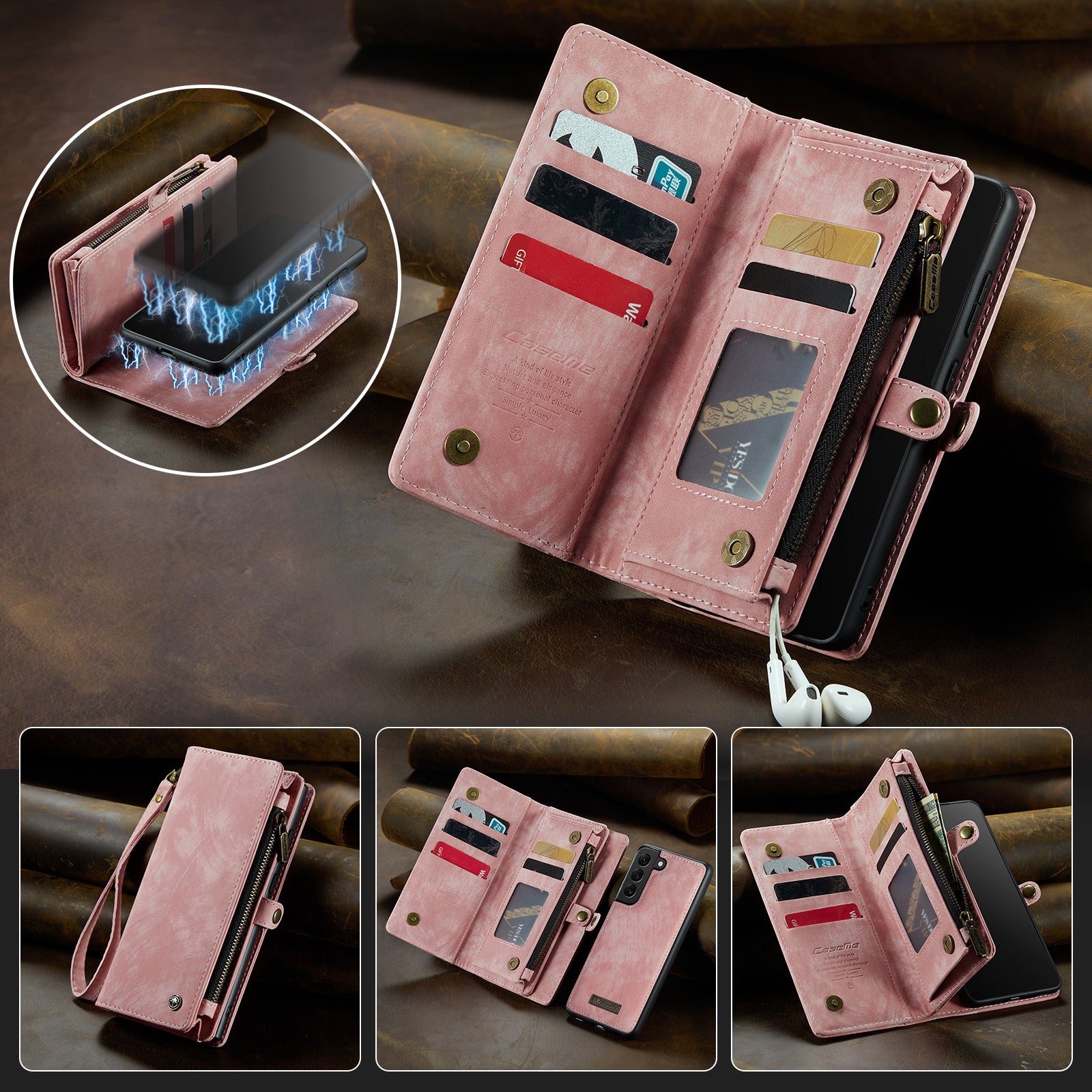 CASEME 008 Series for Samsung Galaxy S20 Plus PU Leather Zipper Wallet Case Detachable Stand Magnetic Phone Cover - Pink