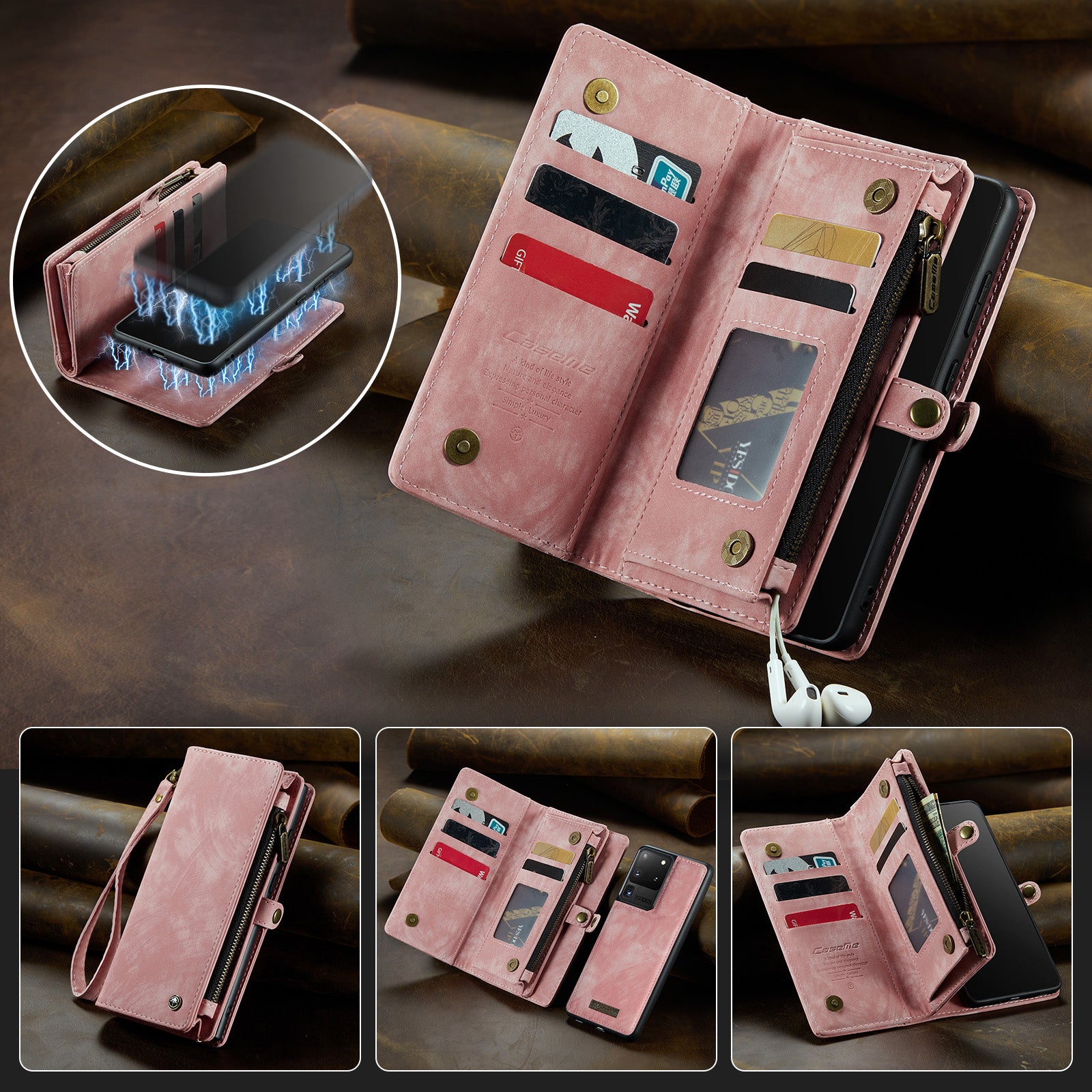 CASEME 008 Series PU Leather Cover for Samsung Galaxy S20 Ultra Wallet Phone Case Shockproof Folio Flip Cover - Pink