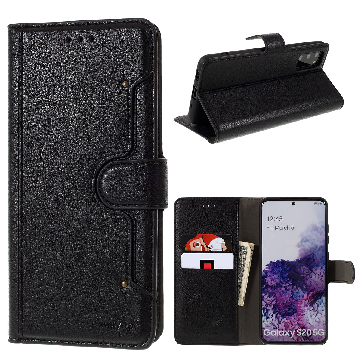 KAIYUE Leather Stand Case with Card Slots for Samsung Galaxy S20 4G/S20 5G - Black