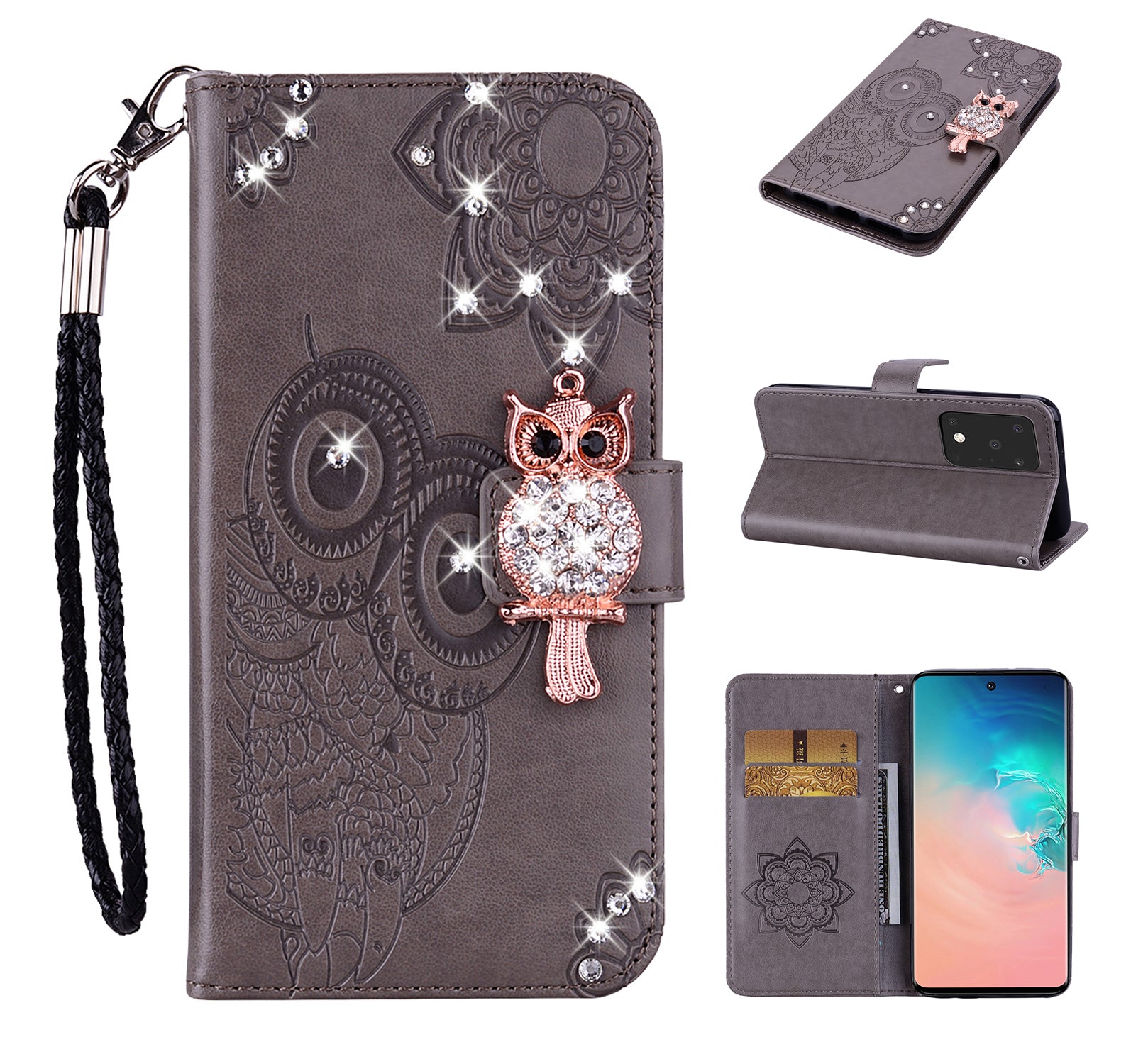 Imprint Flower Owl Rhinestone Decor Leather Wallet Case for Samsung Galaxy S20 Plus - Grey