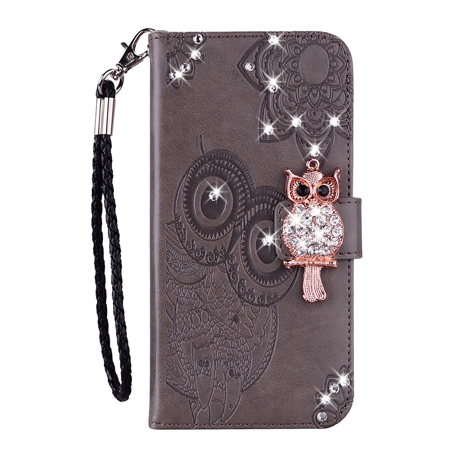 Imprint Flower Owl Rhinestone Decor Leather Wallet Case for Samsung Galaxy S20 Plus - Grey