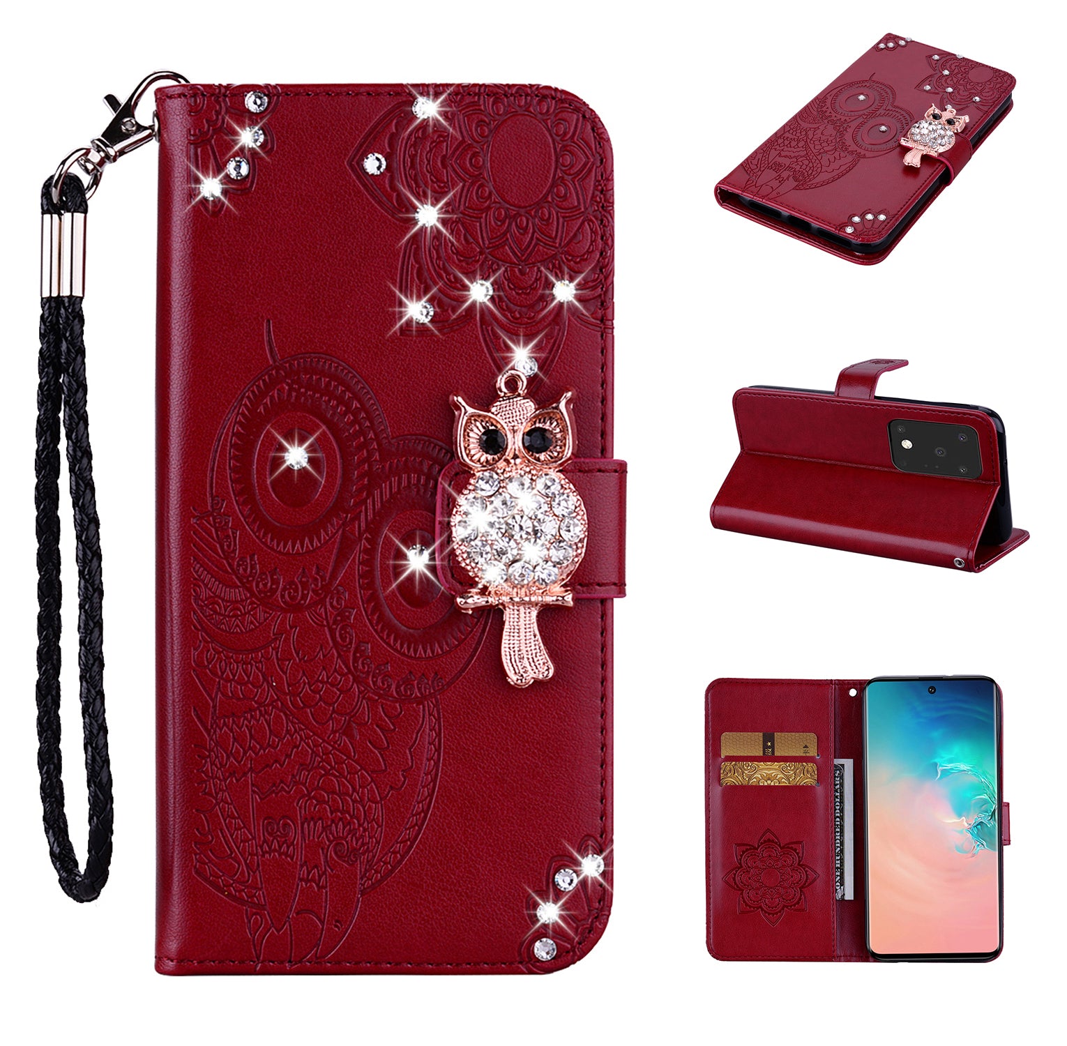 Imprint Flower Owl Rhinestone Decor Leather Wallet Case for Samsung Galaxy S20 Plus - Red