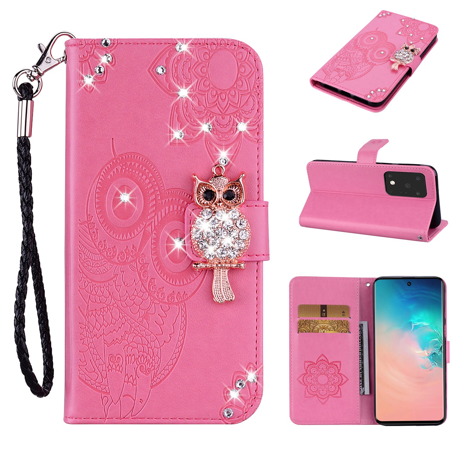 Imprint Flower Owl Rhinestone Decor Leather Wallet Case for Samsung Galaxy S20 Plus - Pink