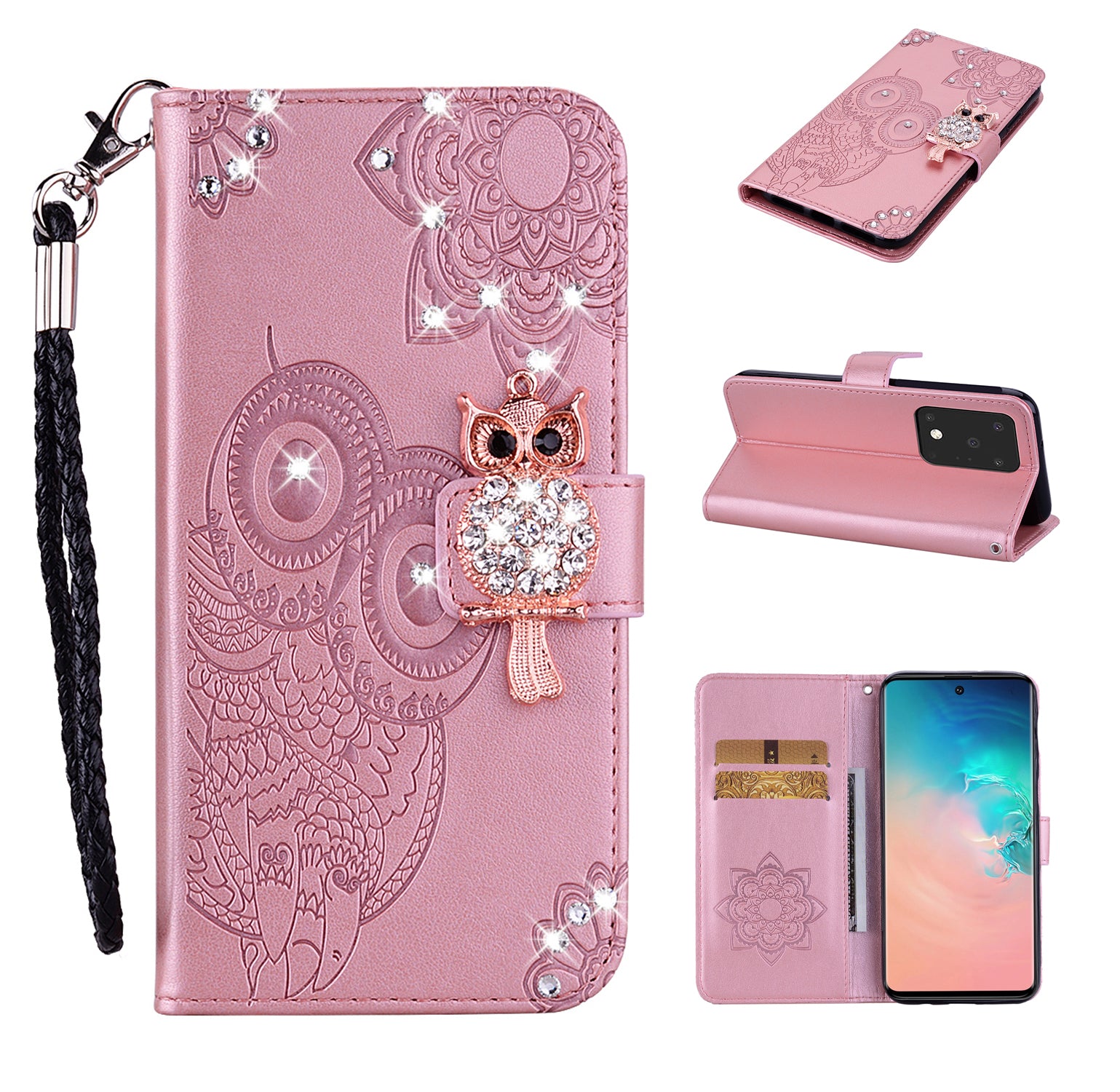 Imprint Flower Owl Rhinestone Decor Leather Wallet Case for Samsung Galaxy S20 Plus - Rose Gold