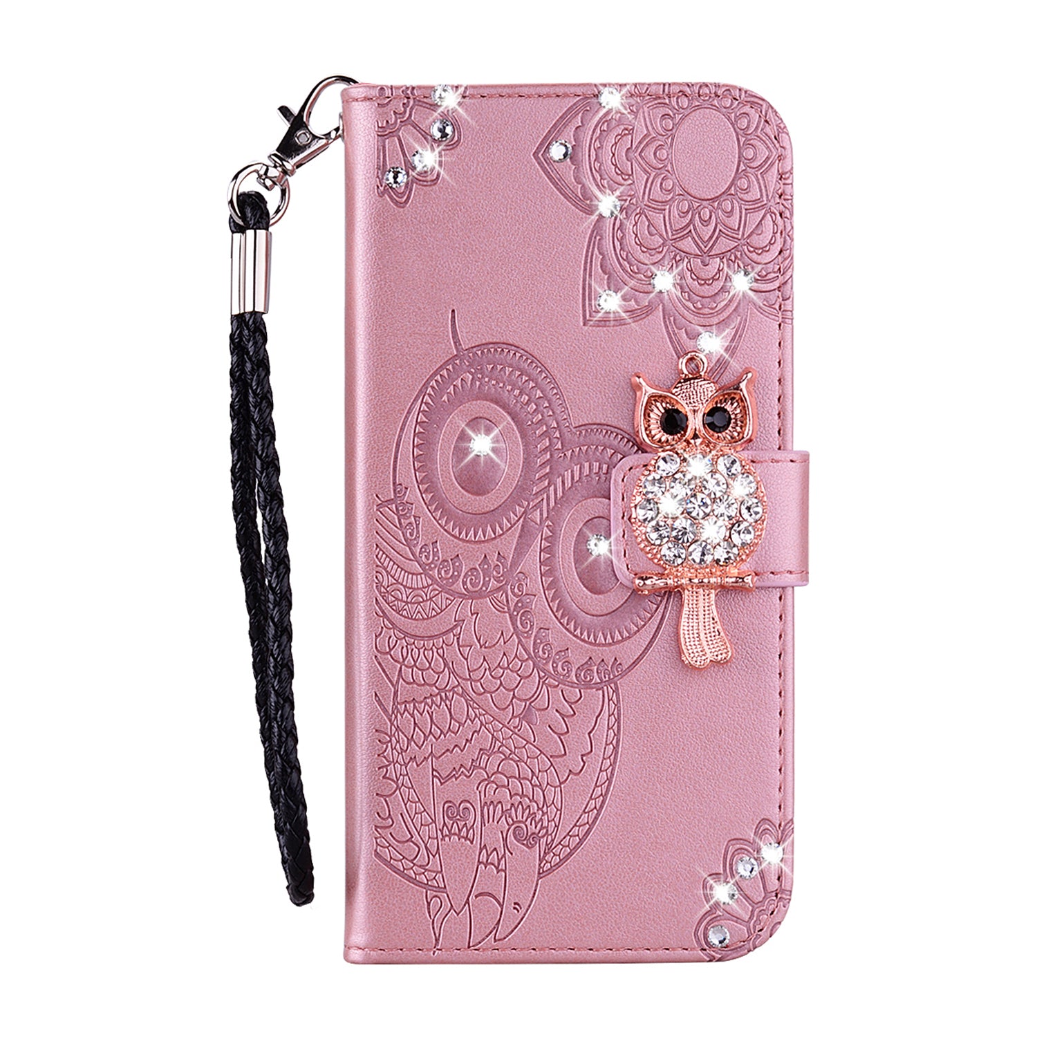 Imprint Flower Owl Rhinestone Decor Leather Wallet Case for Samsung Galaxy S20 Plus - Rose Gold