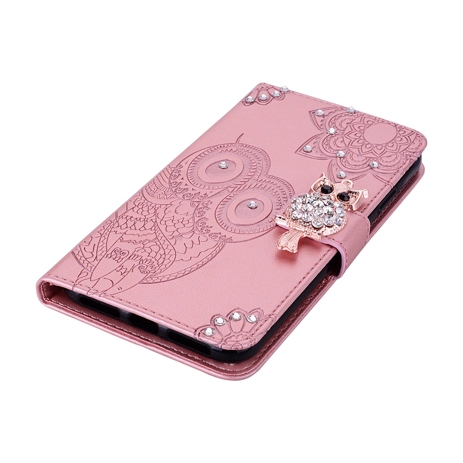 Imprint Flower Owl Rhinestone Decor Leather Wallet Case for Samsung Galaxy S20 Plus - Rose Gold