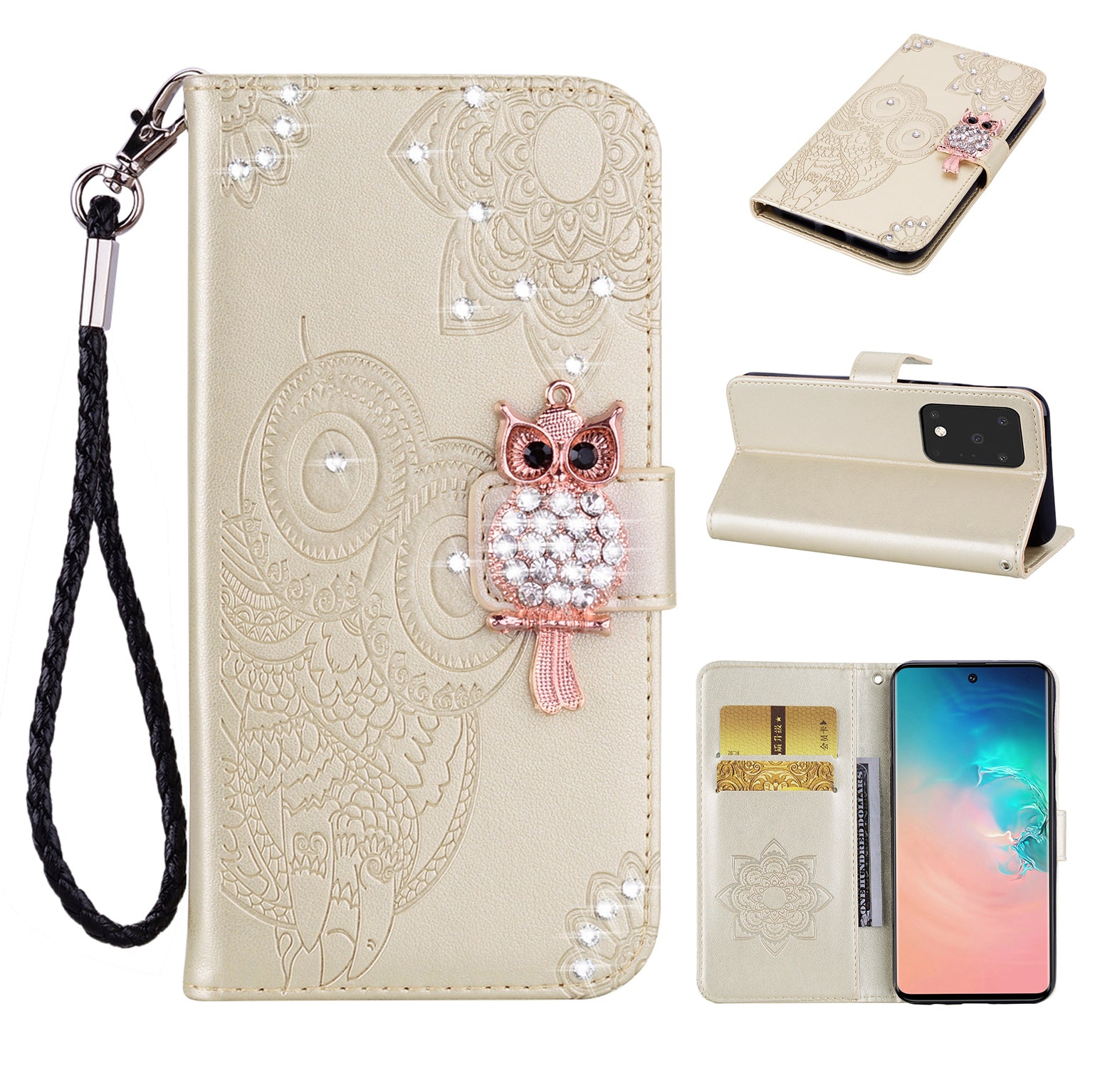 Imprint Flower Owl Rhinestone Decor Leather Wallet Case for Samsung Galaxy S20 Plus - Gold