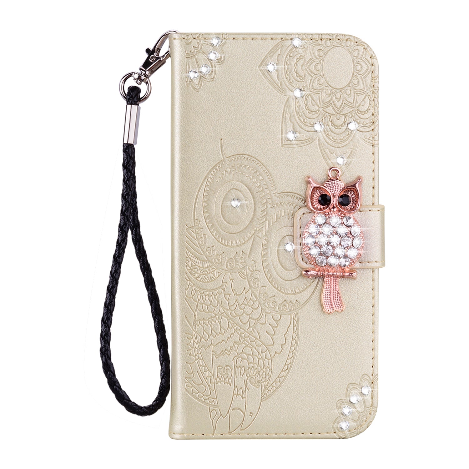 Imprint Flower Owl Rhinestone Decor Leather Wallet Case for Samsung Galaxy S20 Plus - Gold