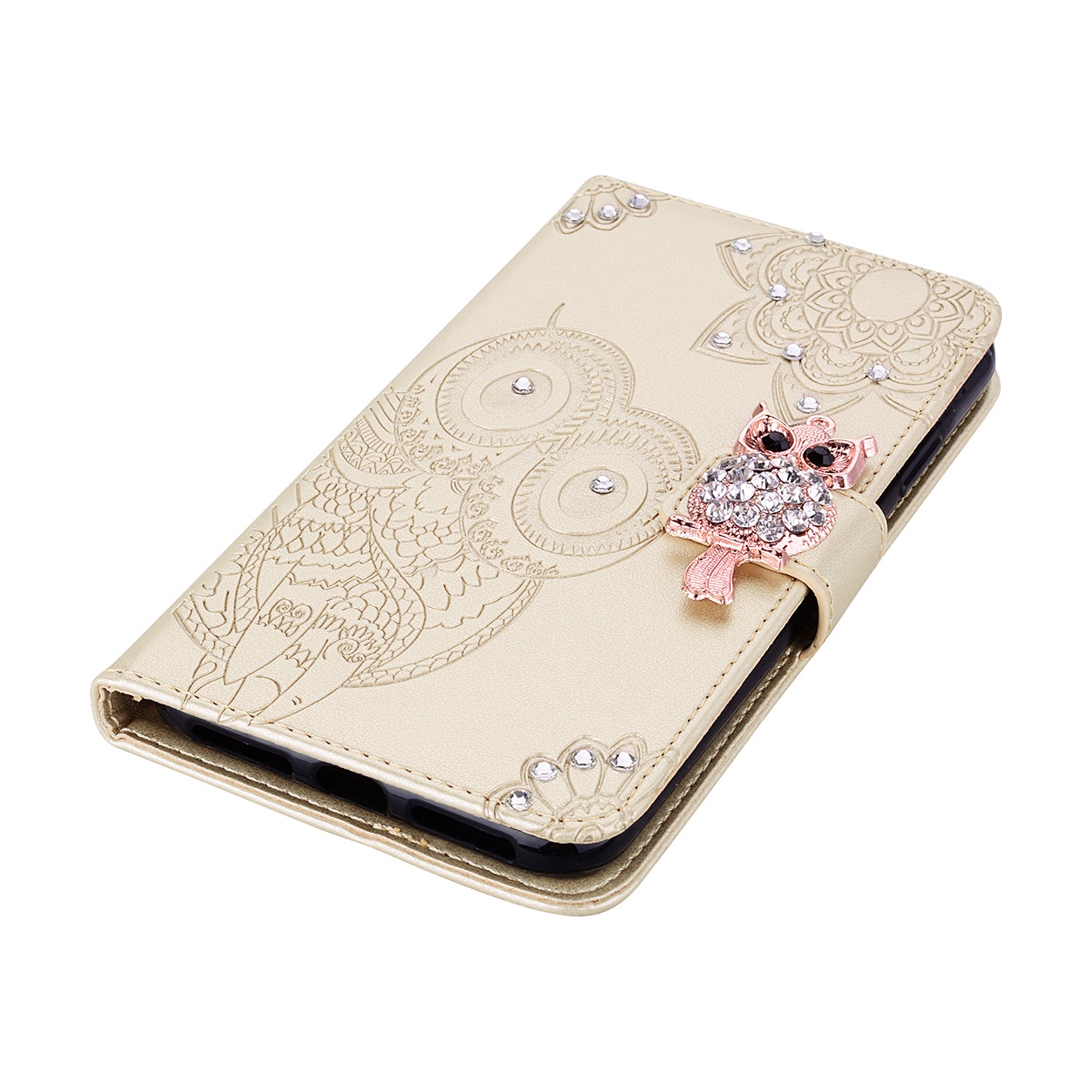 Imprint Flower Owl Rhinestone Decor Leather Wallet Case for Samsung Galaxy S20 Plus - Gold