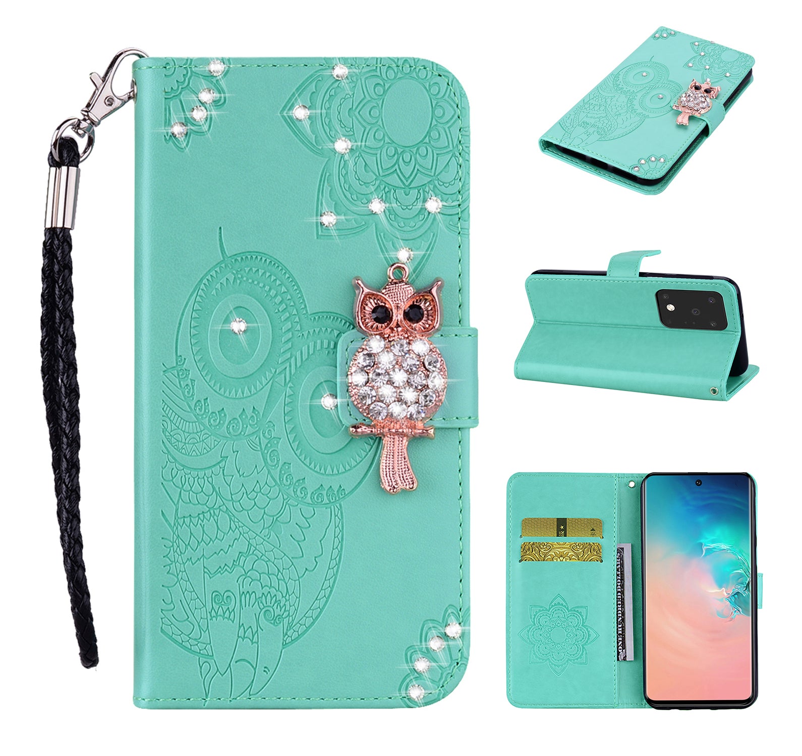 Imprint Flower Owl Rhinestone Decor Leather Wallet Case for Samsung Galaxy S20 Plus - Cyan