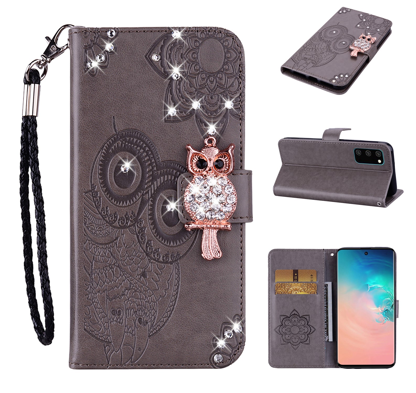 Rhinestone Decoration Imprint Owl Leather Shell Wallet Stand Phone Cover for Samsung Galaxy S20 4G/S20 5G - Brown