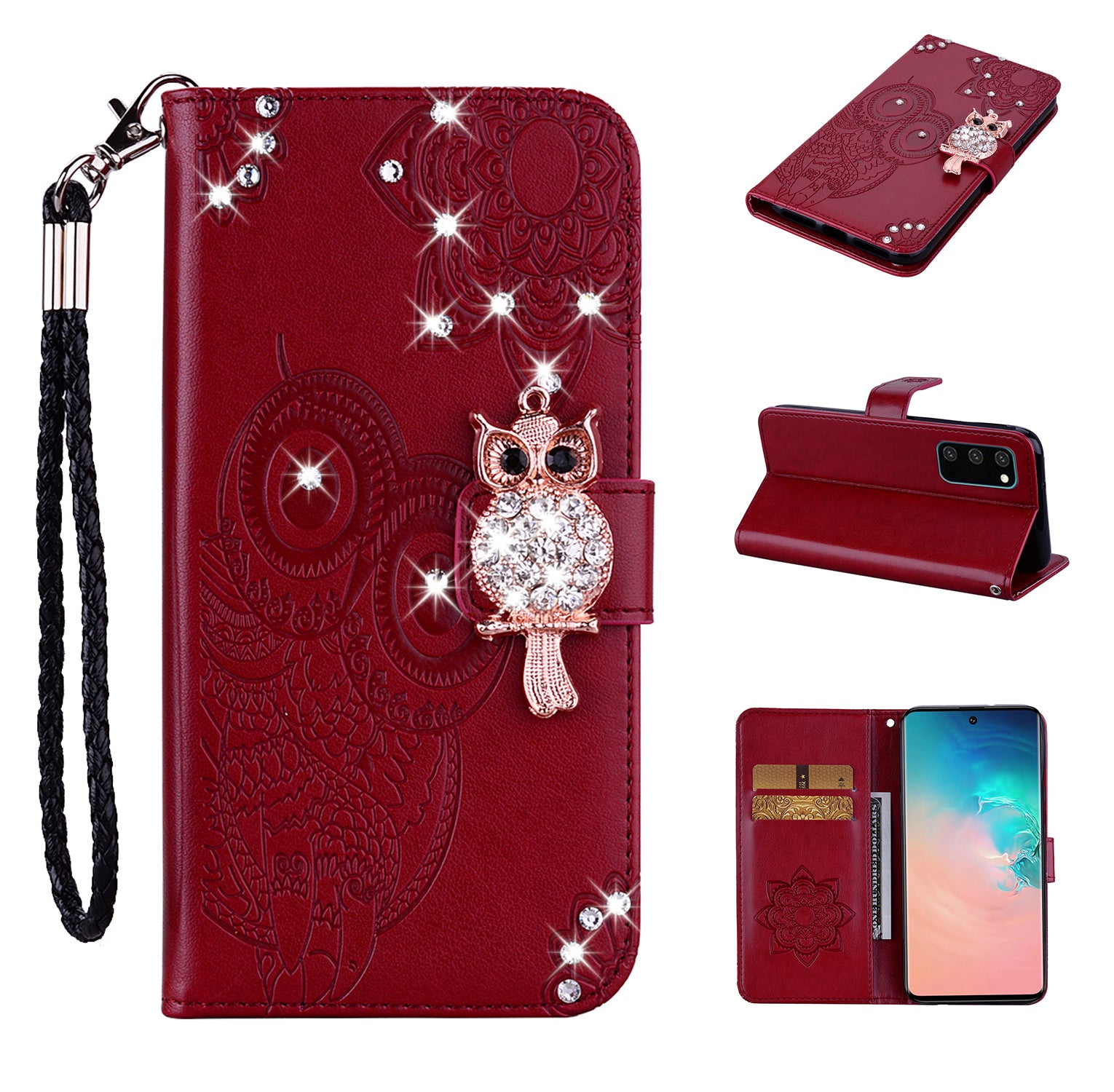 Rhinestone Decoration Imprint Owl Leather Shell Wallet Stand Phone Cover for Samsung Galaxy S20 4G/S20 5G - Red