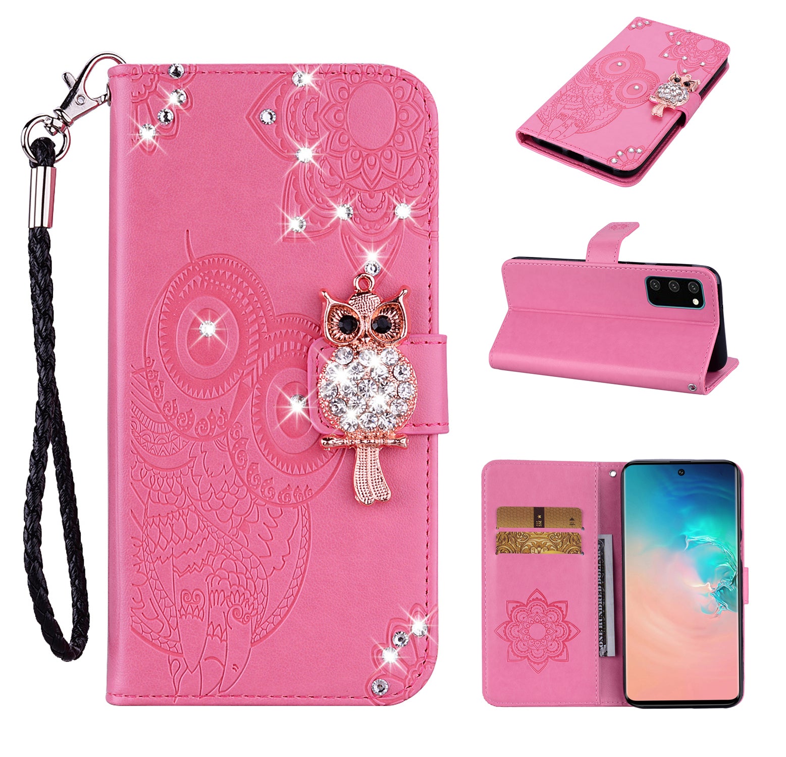 Rhinestone Decoration Imprint Owl Leather Shell Wallet Stand Phone Cover for Samsung Galaxy S20 4G/S20 5G - Pink