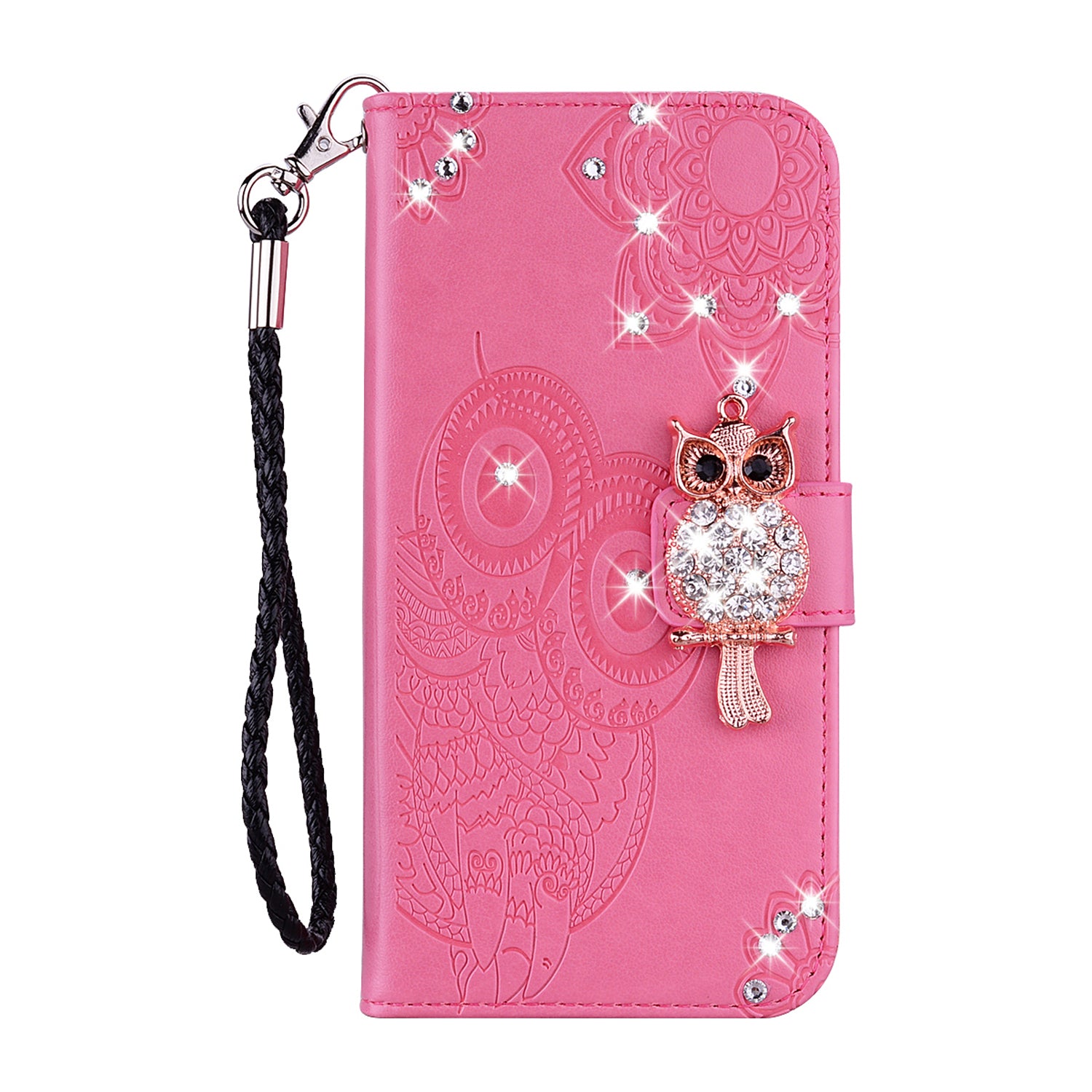 Rhinestone Decoration Imprint Owl Leather Shell Wallet Stand Phone Cover for Samsung Galaxy S20 4G/S20 5G - Pink