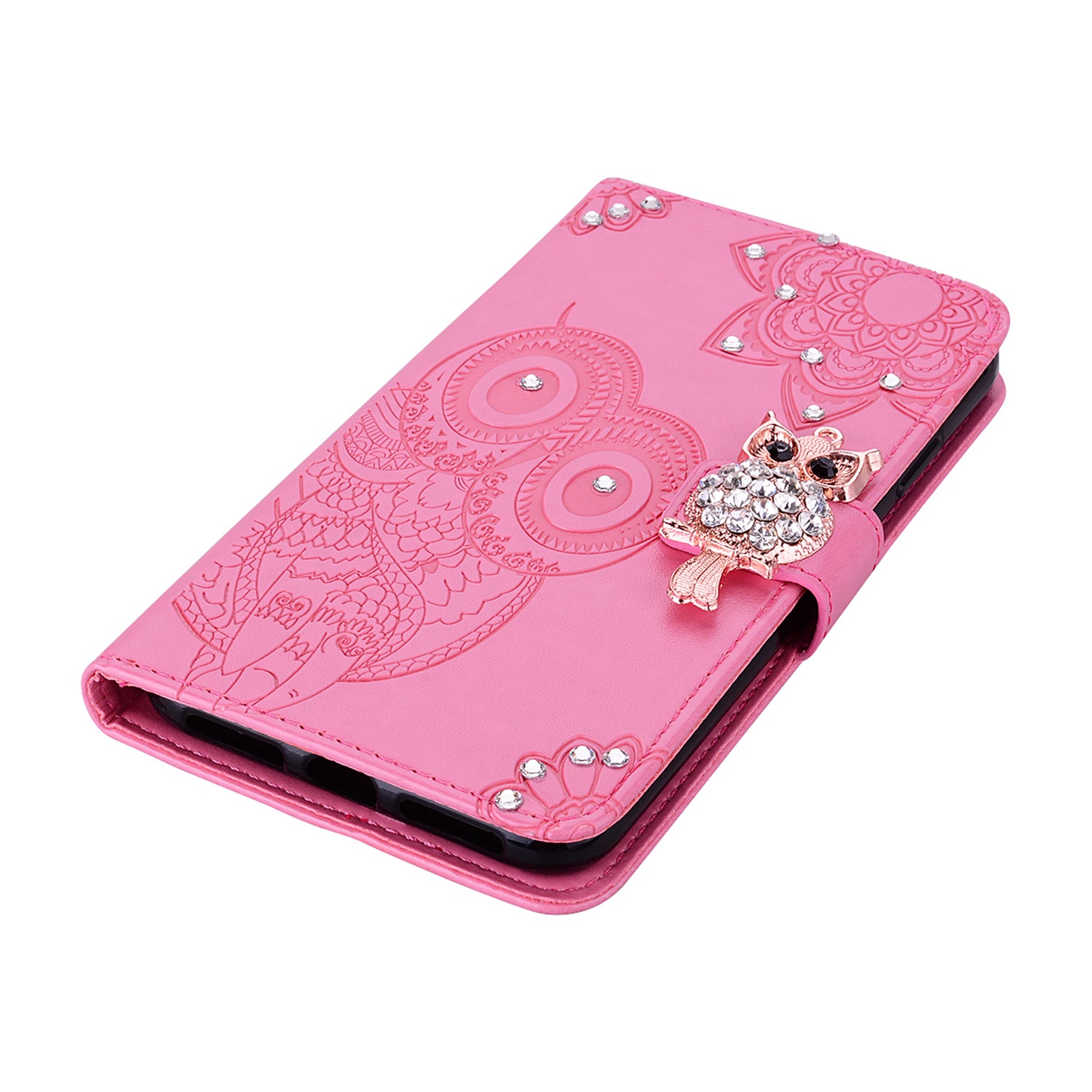 Rhinestone Decoration Imprint Owl Leather Shell Wallet Stand Phone Cover for Samsung Galaxy S20 4G/S20 5G - Pink