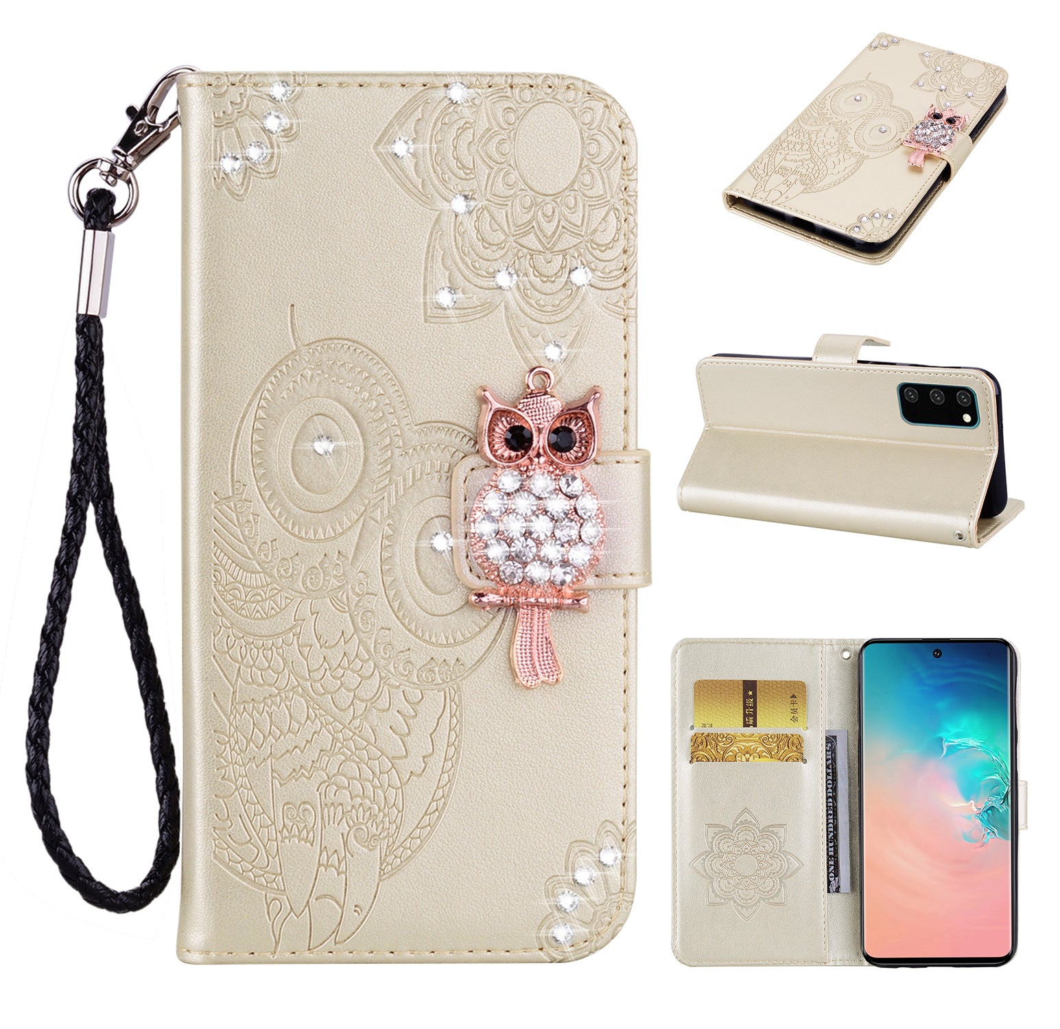 Rhinestone Decoration Imprint Owl Leather Shell Wallet Stand Phone Cover for Samsung Galaxy S20 4G/S20 5G - Gold