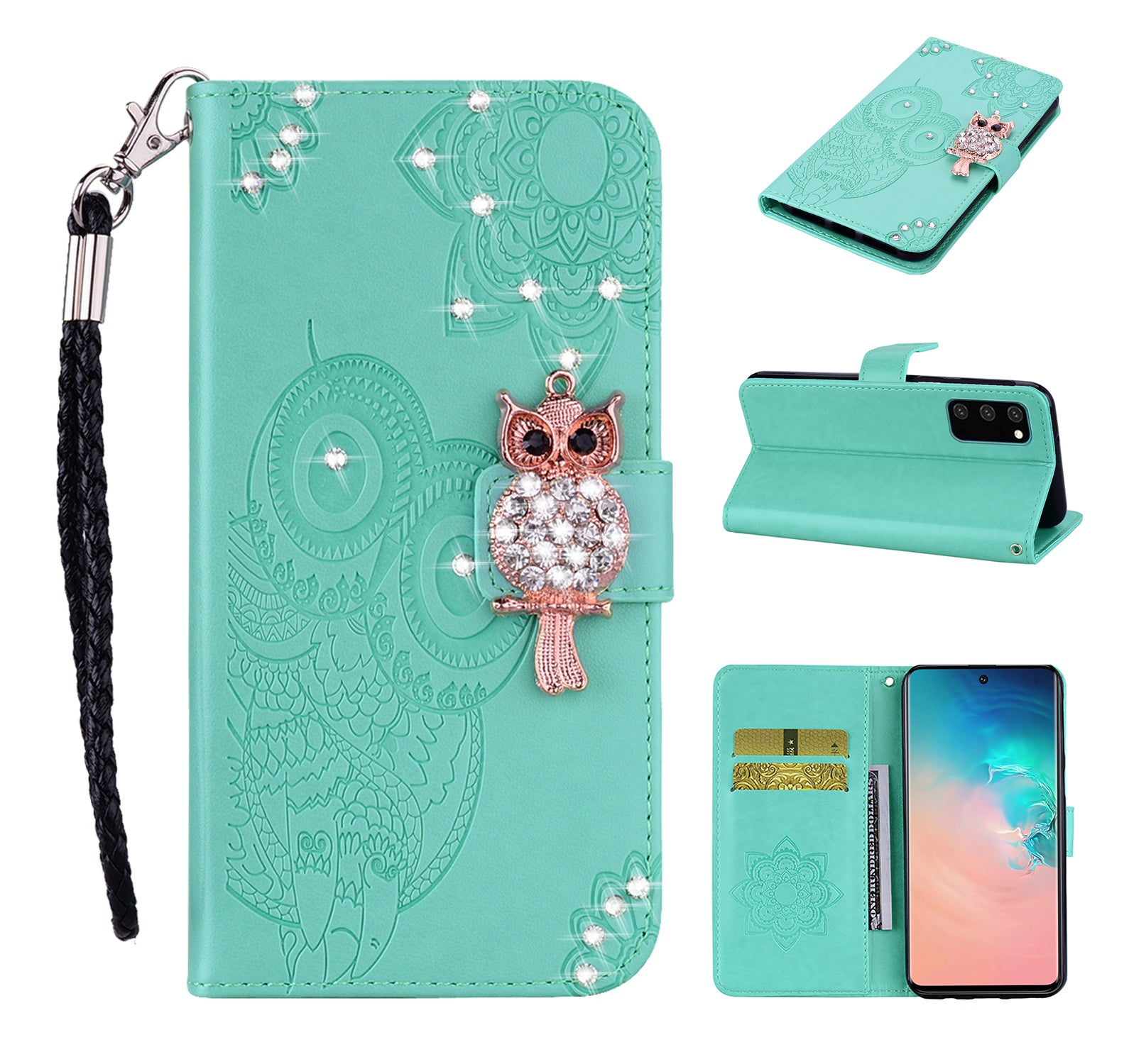 Rhinestone Decoration Imprint Owl Leather Shell Wallet Stand Phone Cover for Samsung Galaxy S20 4G/S20 5G - Cyan