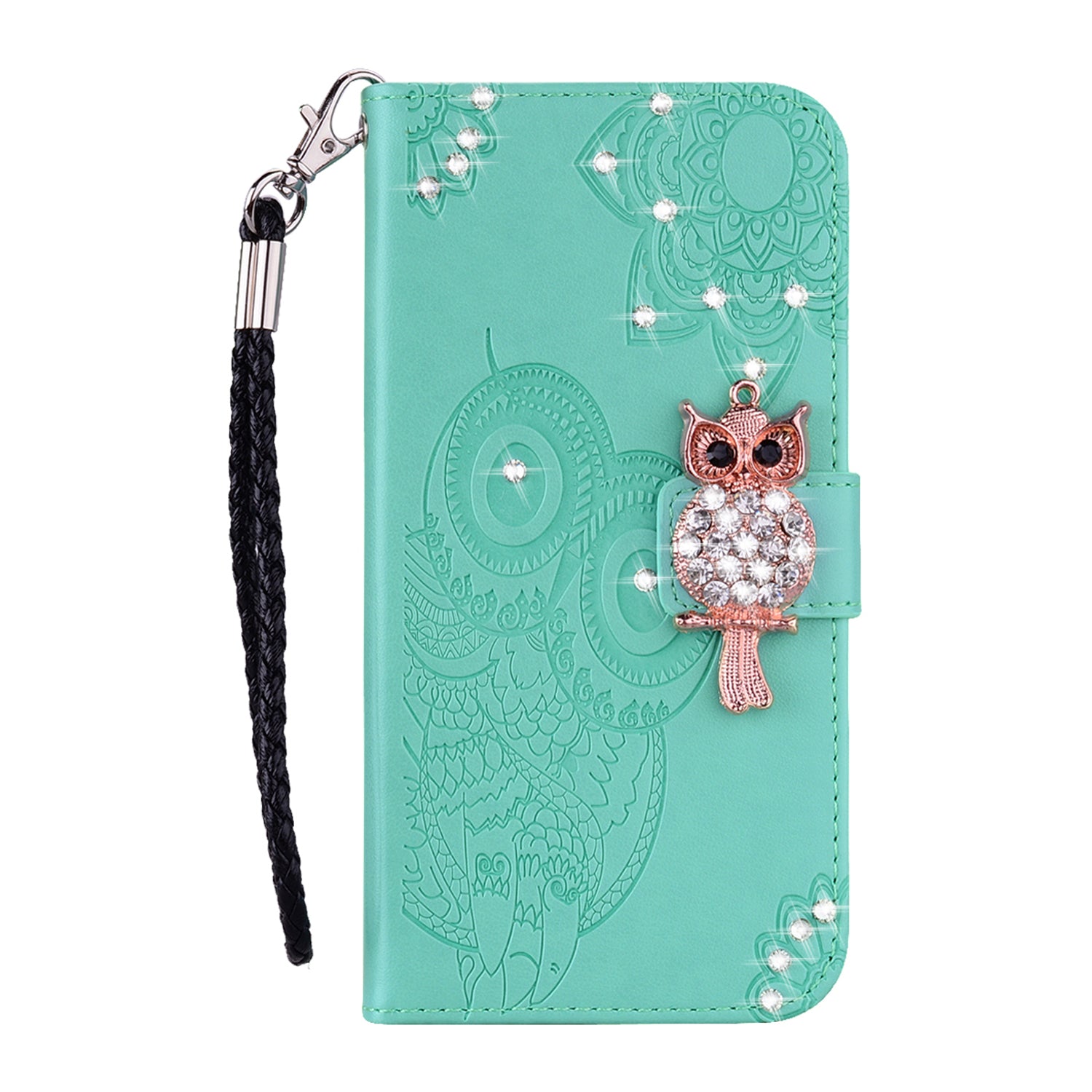 Rhinestone Decoration Imprint Owl Leather Shell Wallet Stand Phone Cover for Samsung Galaxy S20 4G/S20 5G - Cyan