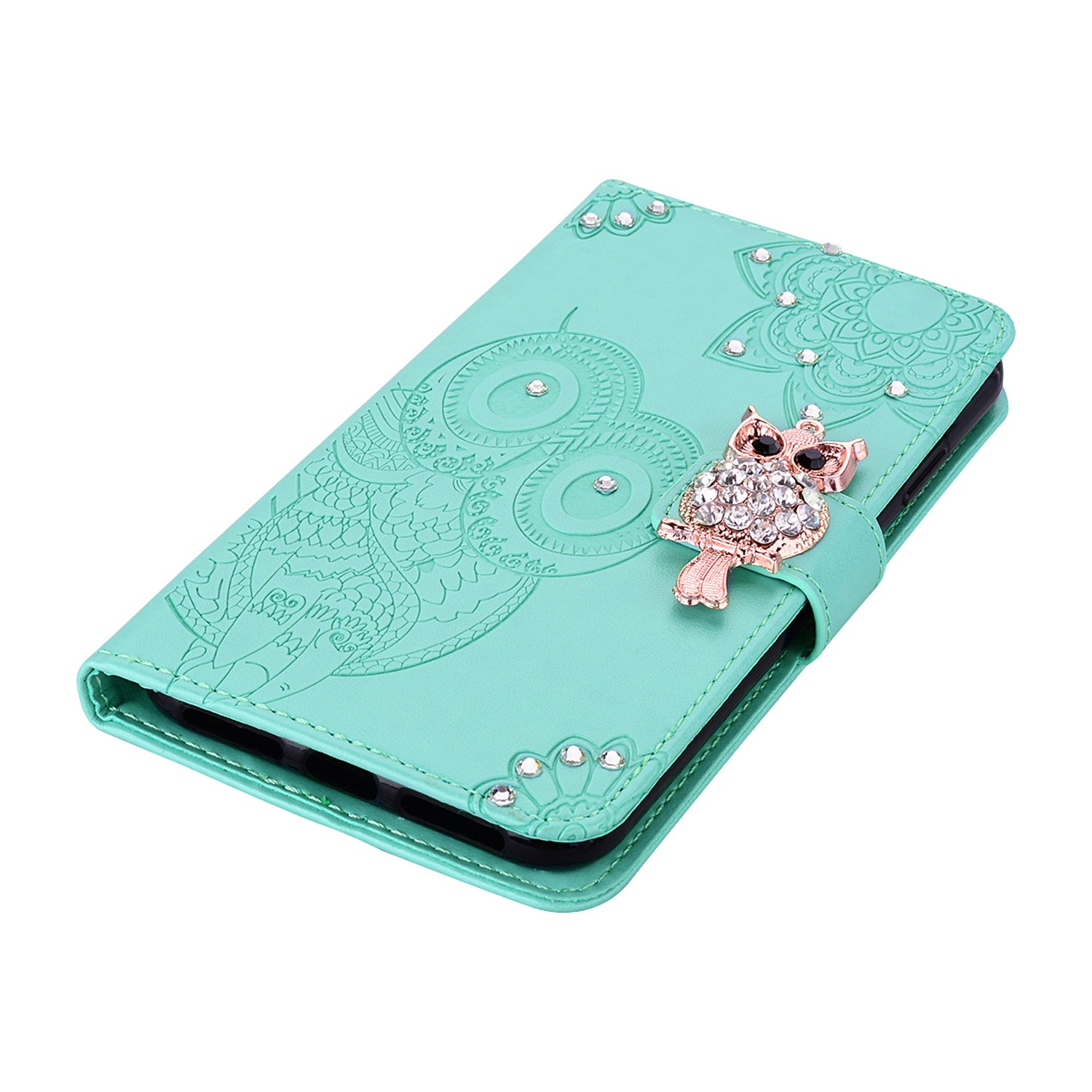 Rhinestone Decoration Imprint Owl Leather Shell Wallet Stand Phone Cover for Samsung Galaxy S20 4G/S20 5G - Cyan