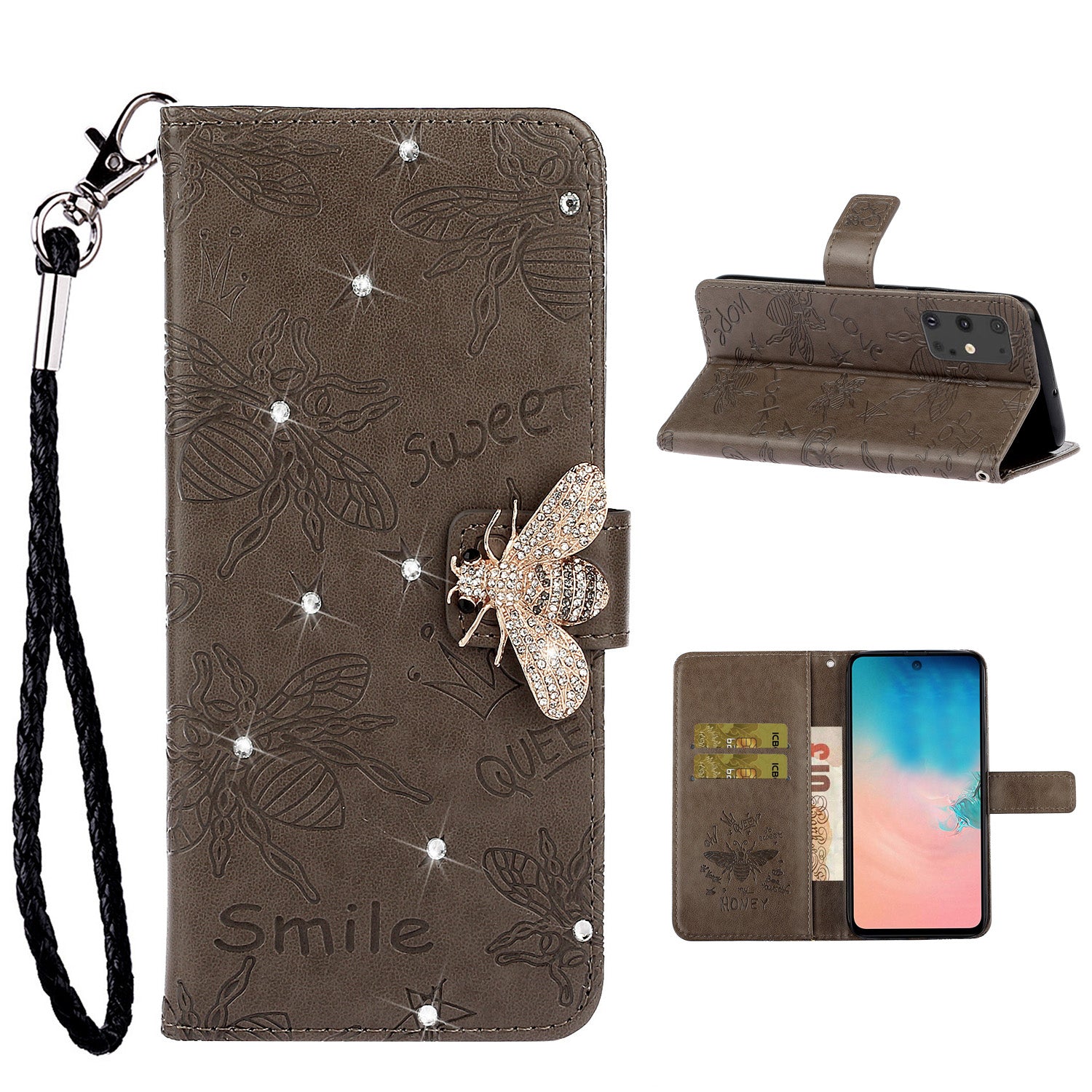 Imprint Flower Bee Rhinestone Decor Leather Wallet Phone Shell for Samsung Galaxy S20 4G/S20 5G - Brown