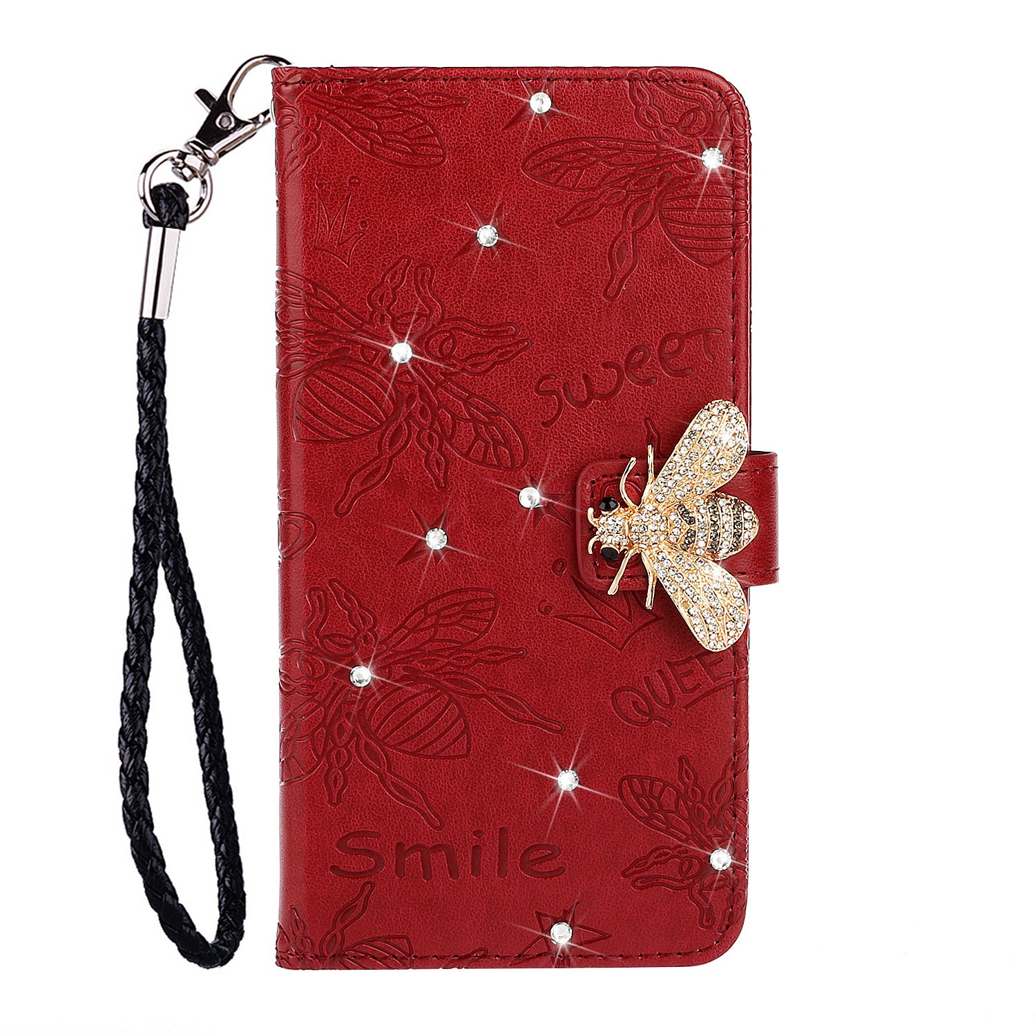 Imprint Flower Bee Rhinestone Decor Leather Wallet Phone Shell for Samsung Galaxy S20 4G/S20 5G - Red