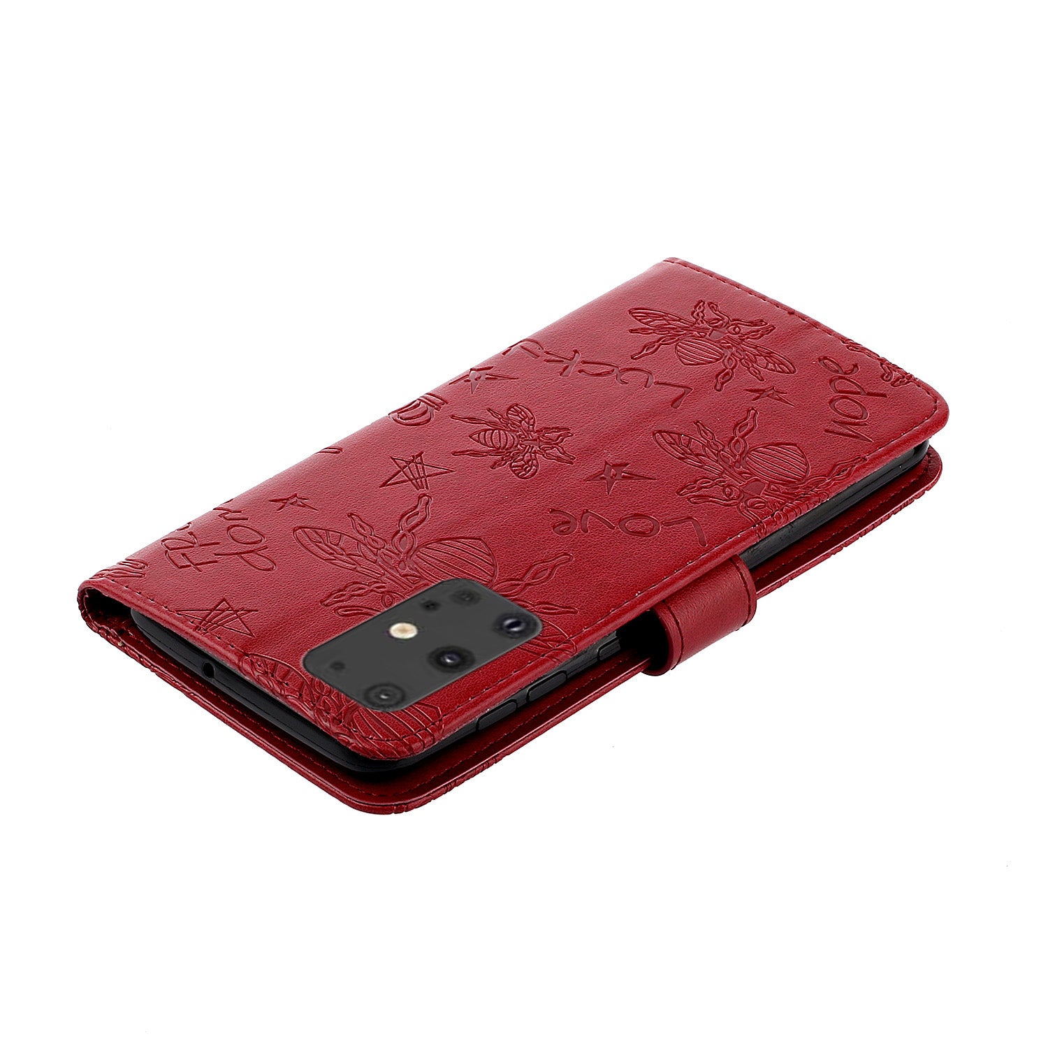 Imprint Flower Bee Rhinestone Decor Leather Wallet Phone Shell for Samsung Galaxy S20 4G/S20 5G - Red