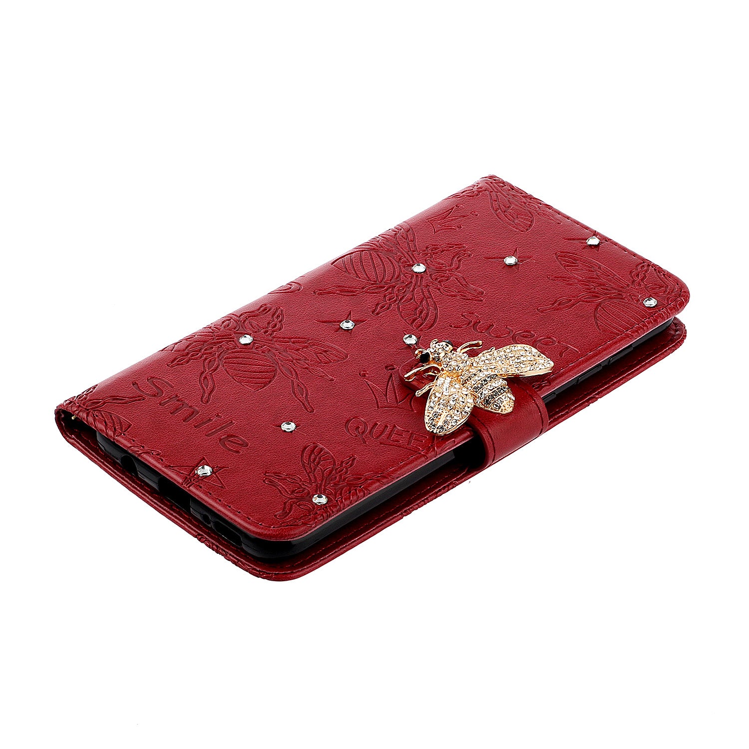 Imprint Flower Bee Rhinestone Decor Leather Wallet Phone Shell for Samsung Galaxy S20 4G/S20 5G - Red