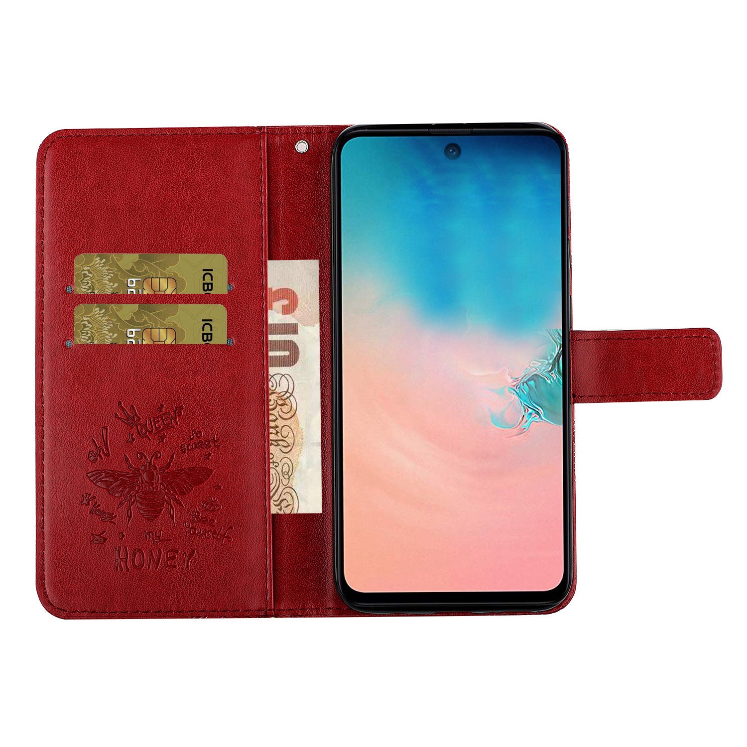 Imprint Flower Bee Rhinestone Decor Leather Wallet Phone Shell for Samsung Galaxy S20 4G/S20 5G - Red