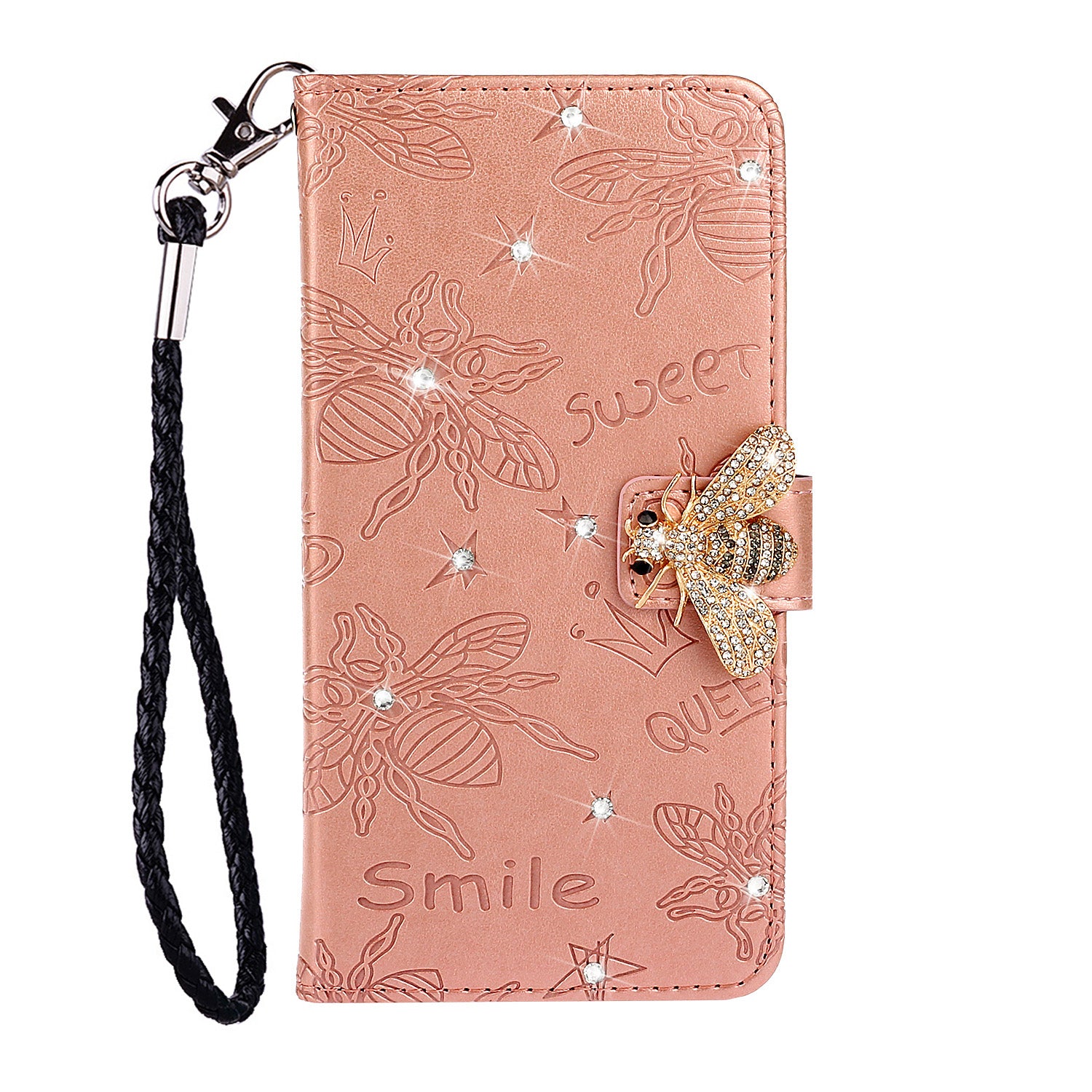 Imprint Flower Bee Rhinestone Decor Leather Wallet Phone Shell for Samsung Galaxy S20 4G/S20 5G - Rose Gold