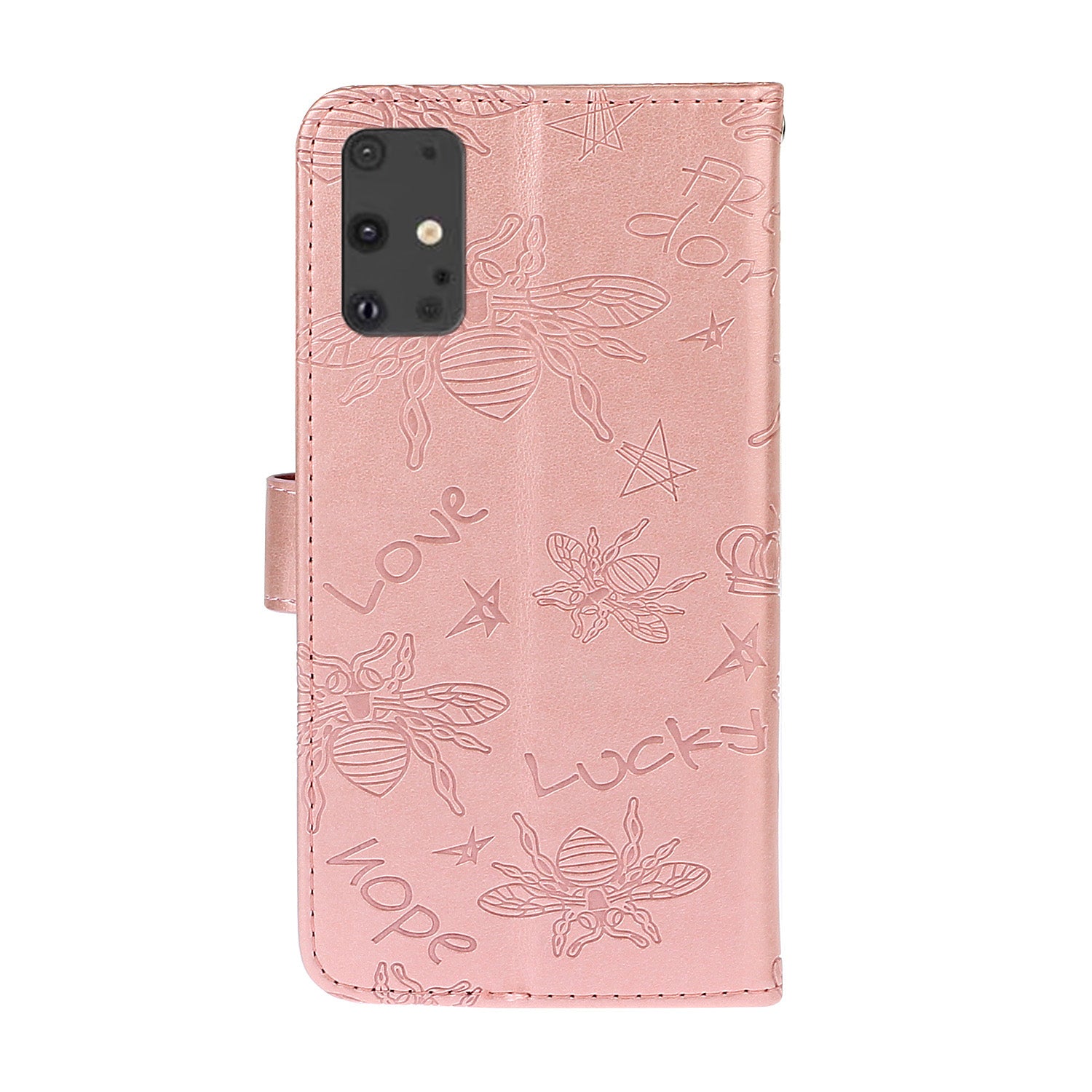 Imprint Flower Bee Rhinestone Decor Leather Wallet Phone Shell for Samsung Galaxy S20 4G/S20 5G - Rose Gold