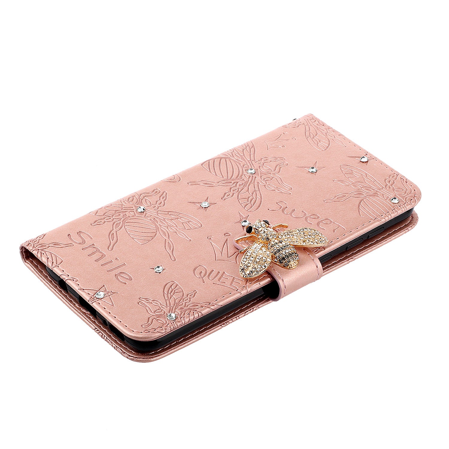 Imprint Flower Bee Rhinestone Decor Leather Wallet Phone Shell for Samsung Galaxy S20 4G/S20 5G - Rose Gold