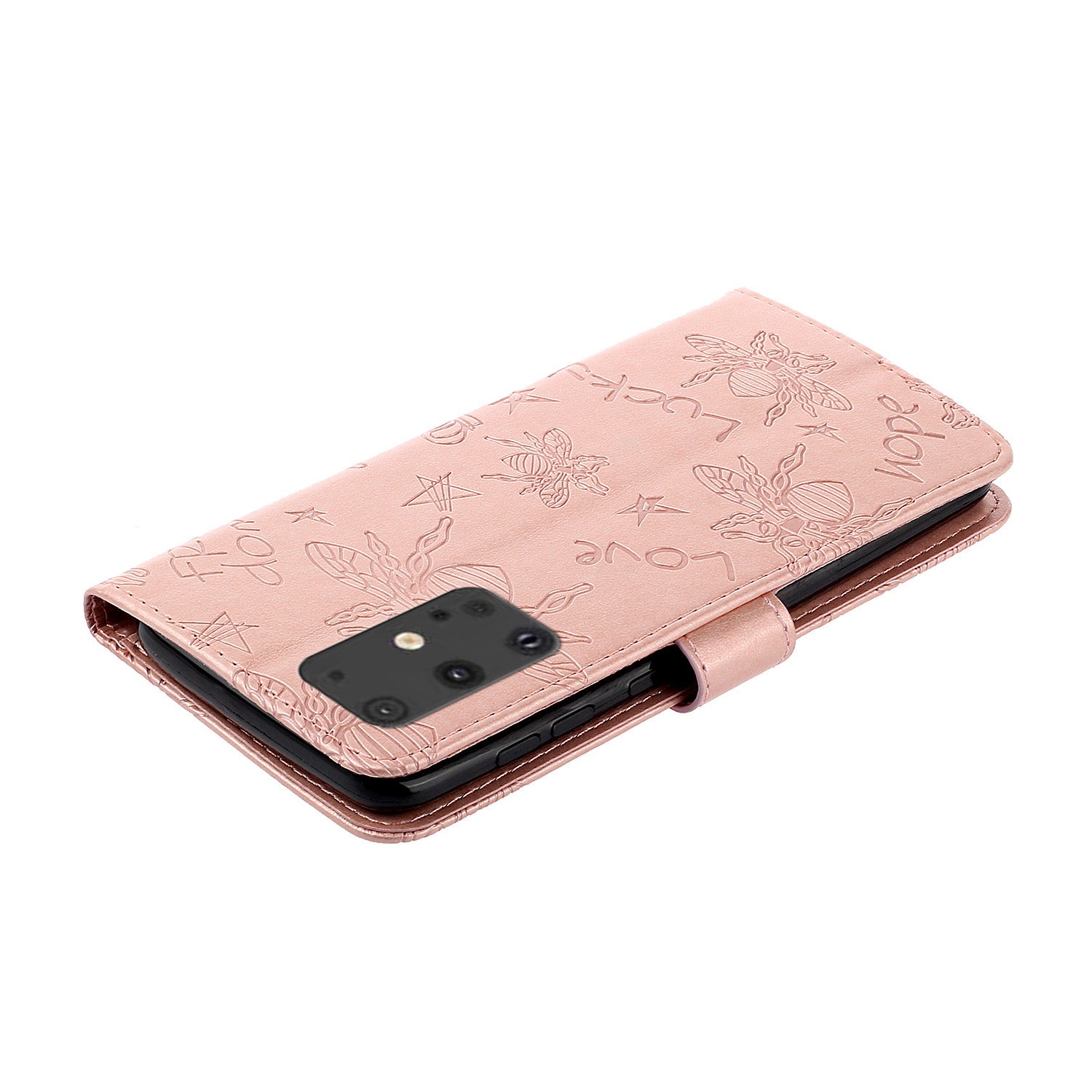 Imprint Flower Bee Rhinestone Decor Leather Wallet Phone Shell for Samsung Galaxy S20 4G/S20 5G - Rose Gold