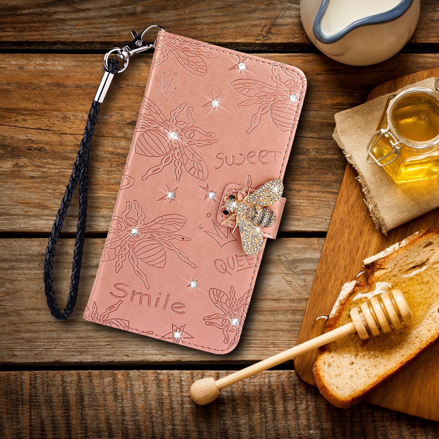 Imprint Flower Bee Rhinestone Decor Leather Wallet Phone Shell for Samsung Galaxy S20 4G/S20 5G - Rose Gold