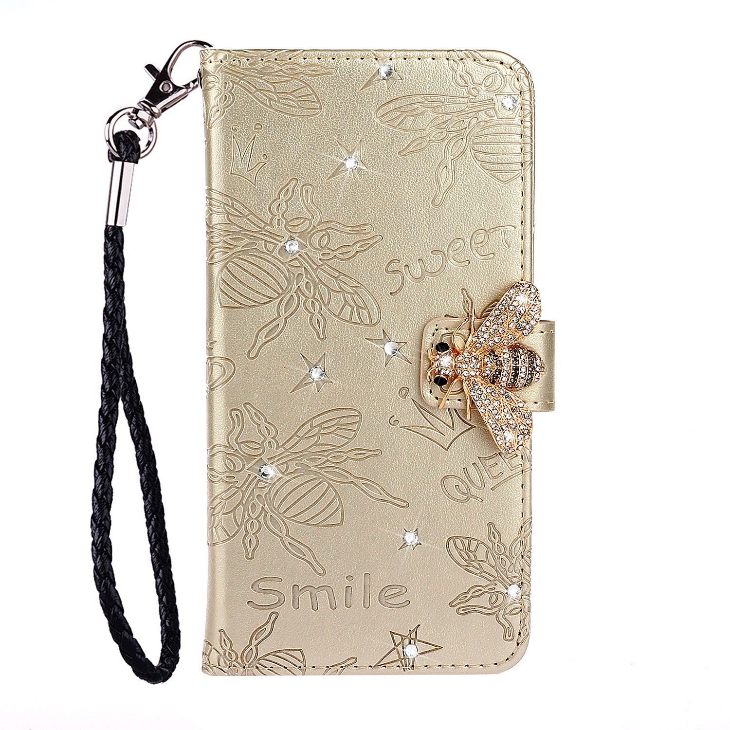 Imprint Flower Bee Rhinestone Decor Leather Wallet Phone Shell for Samsung Galaxy S20 4G/S20 5G - Gold