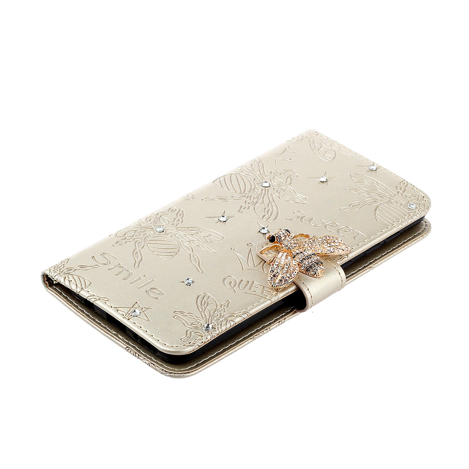 Imprint Flower Bee Rhinestone Decor Leather Wallet Phone Shell for Samsung Galaxy S20 4G/S20 5G - Gold