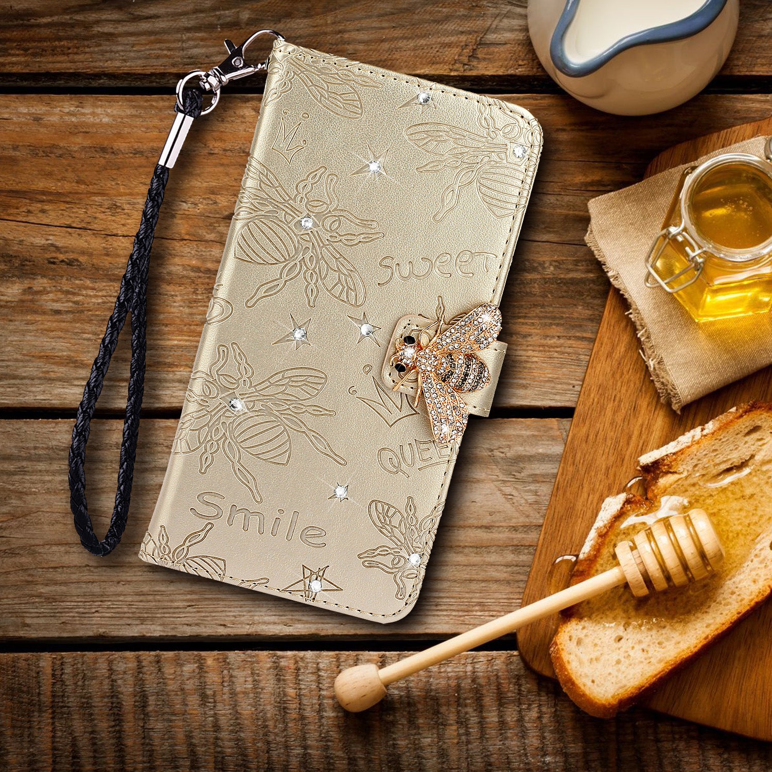 Imprint Flower Bee Rhinestone Decor Leather Wallet Phone Shell for Samsung Galaxy S20 4G/S20 5G - Gold