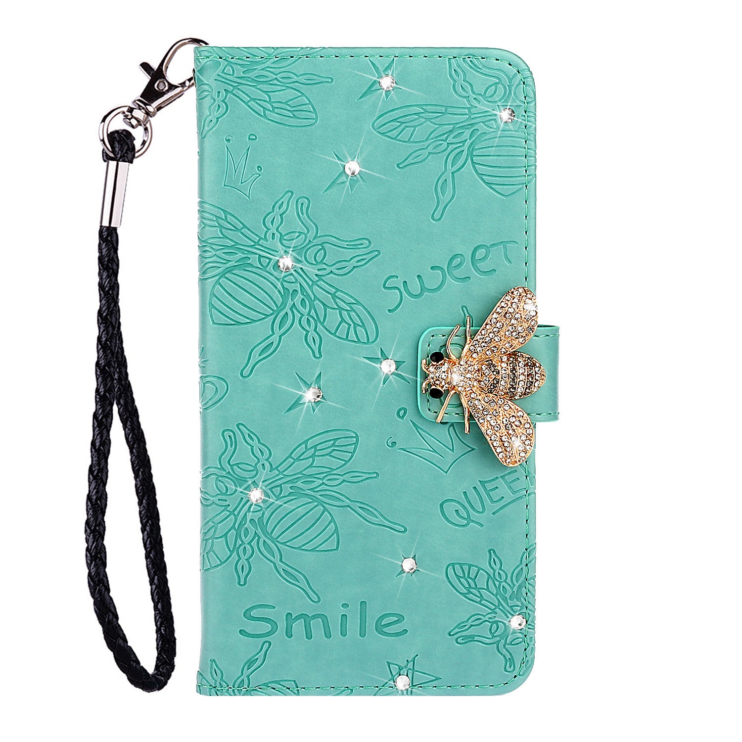 Imprint Flower Bee Rhinestone Decor Leather Wallet Phone Shell for Samsung Galaxy S20 4G/S20 5G - Cyan