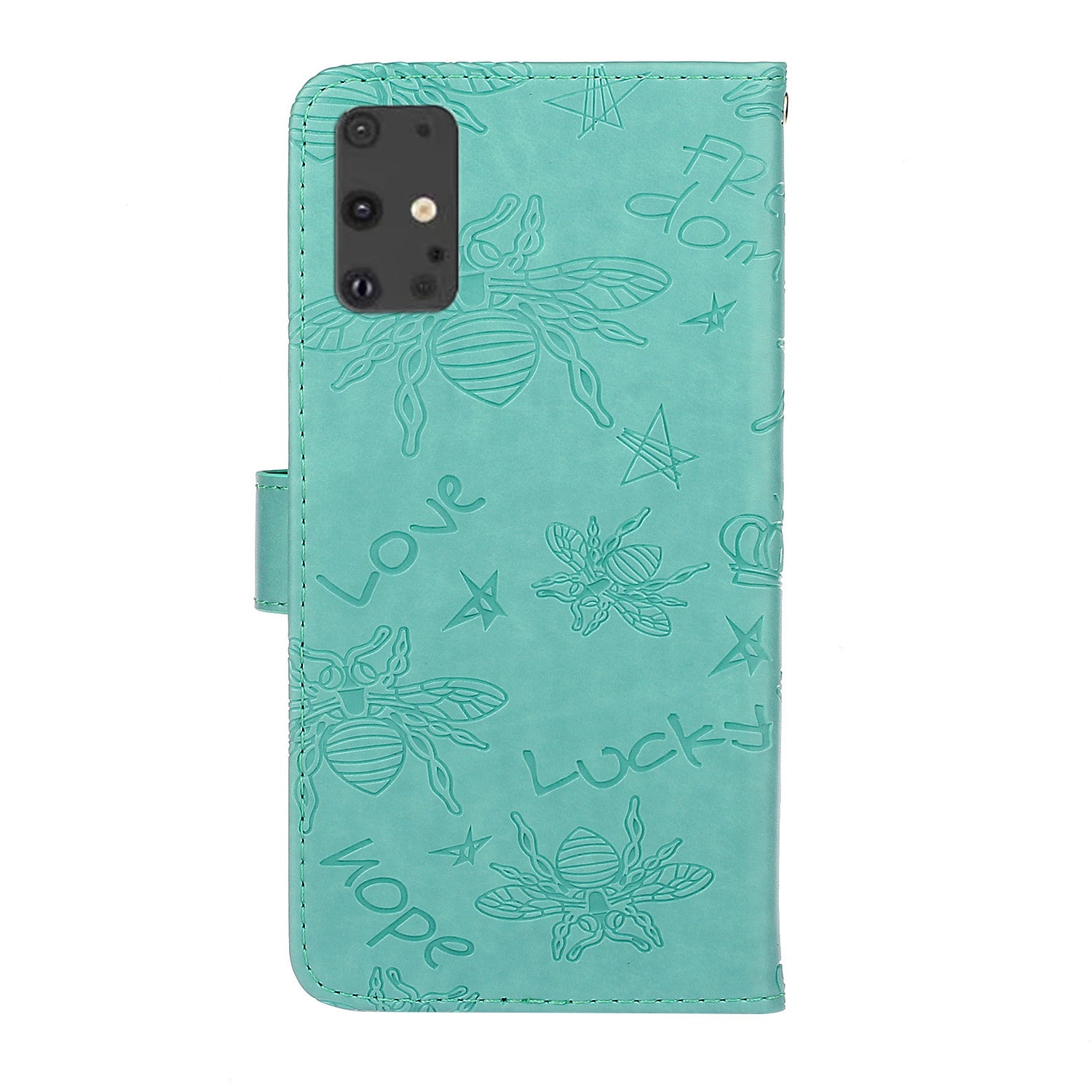 Imprint Flower Bee Rhinestone Decor Leather Wallet Phone Shell for Samsung Galaxy S20 4G/S20 5G - Cyan