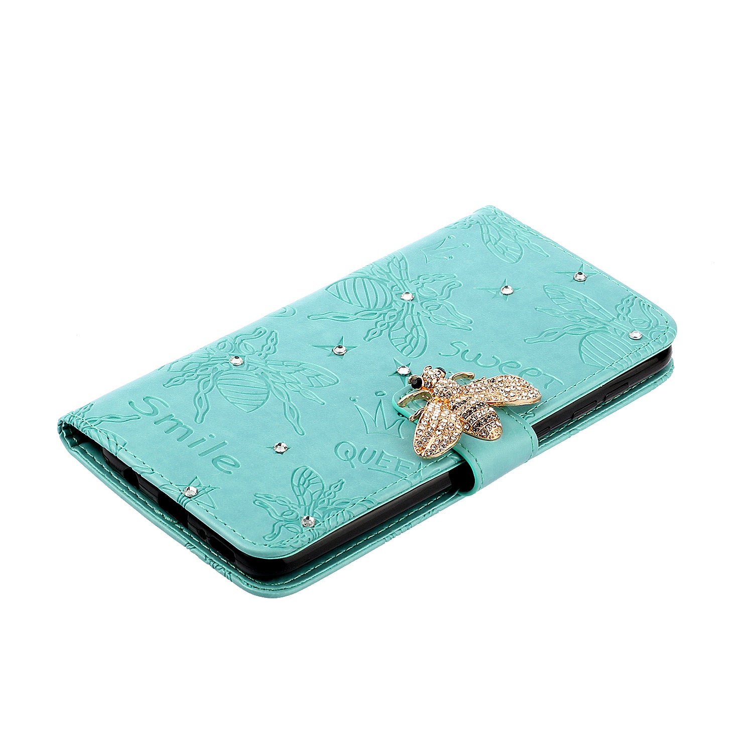 Imprint Flower Bee Rhinestone Decor Leather Wallet Phone Shell for Samsung Galaxy S20 4G/S20 5G - Cyan