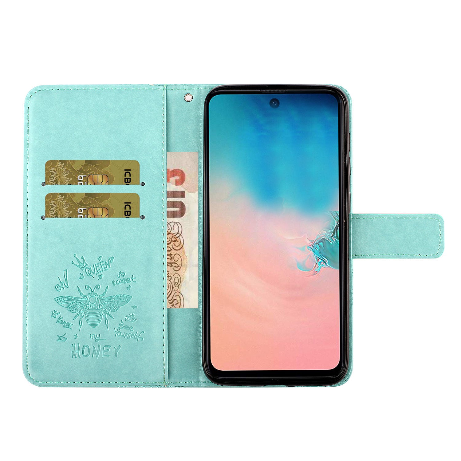 Imprint Flower Bee Rhinestone Decor Leather Wallet Phone Shell for Samsung Galaxy S20 4G/S20 5G - Cyan