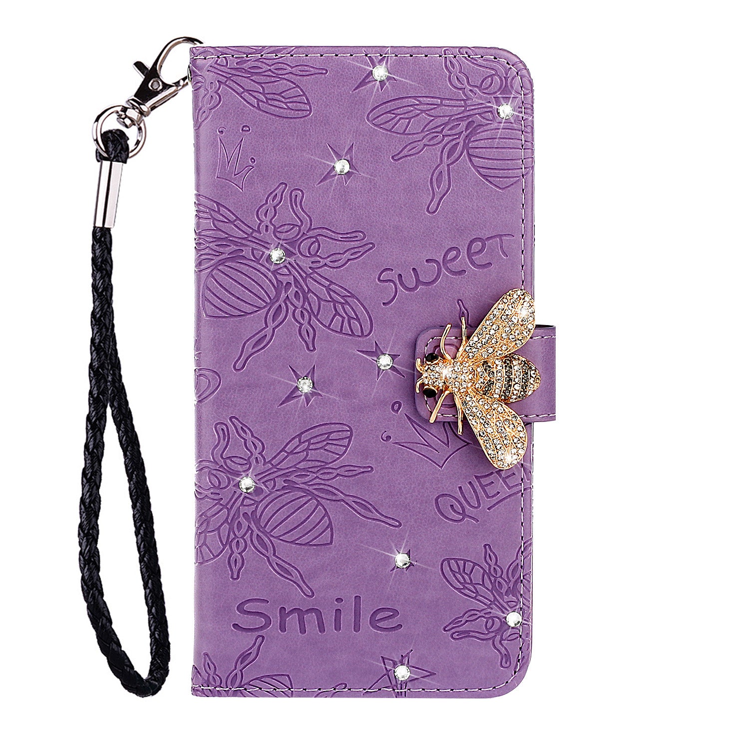 Imprint Flower Bee Rhinestone Decor Leather Wallet Phone Shell for Samsung Galaxy S20 4G/S20 5G - Purple