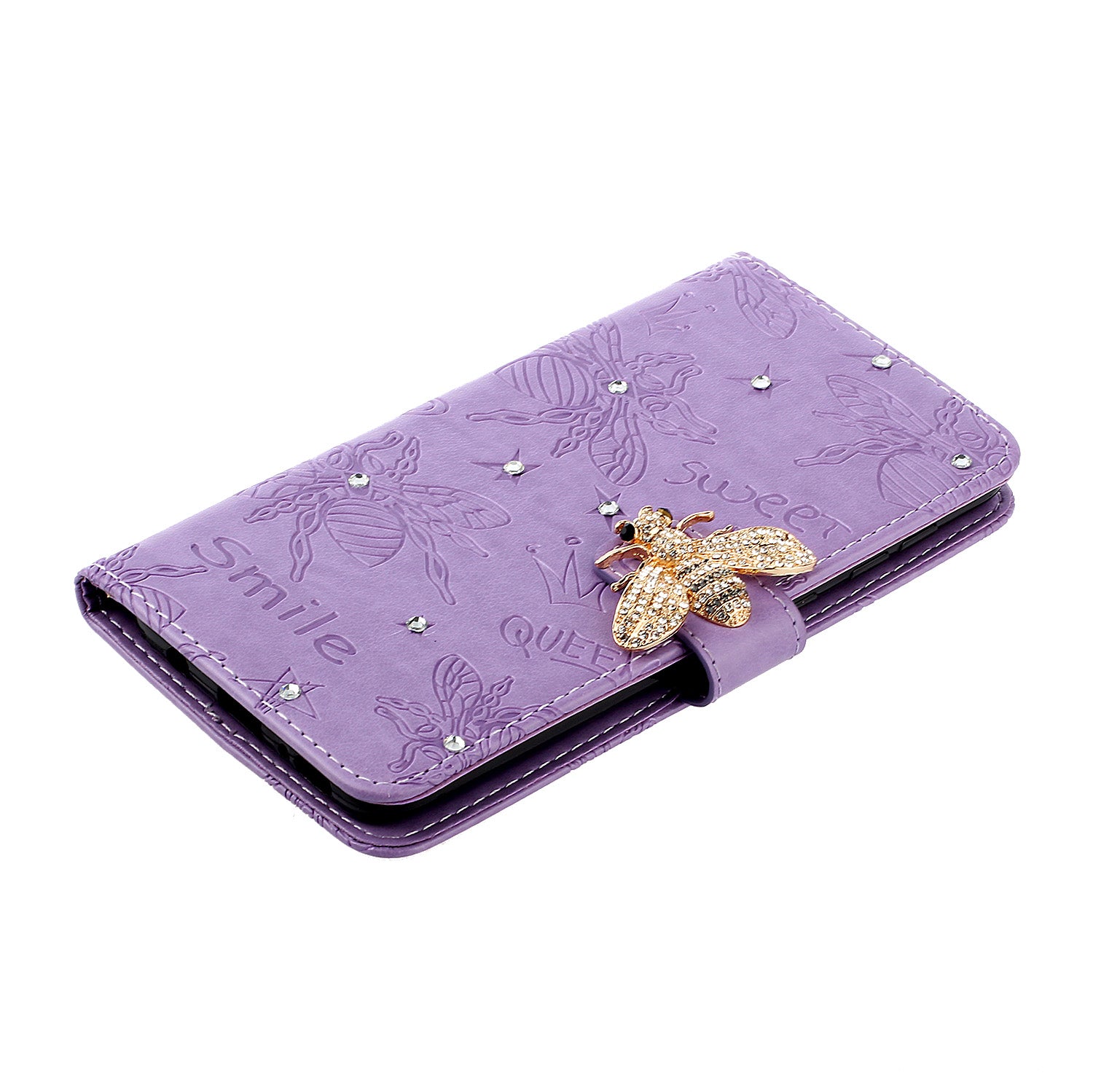 Imprint Flower Bee Rhinestone Decor Leather Wallet Phone Shell for Samsung Galaxy S20 4G/S20 5G - Purple