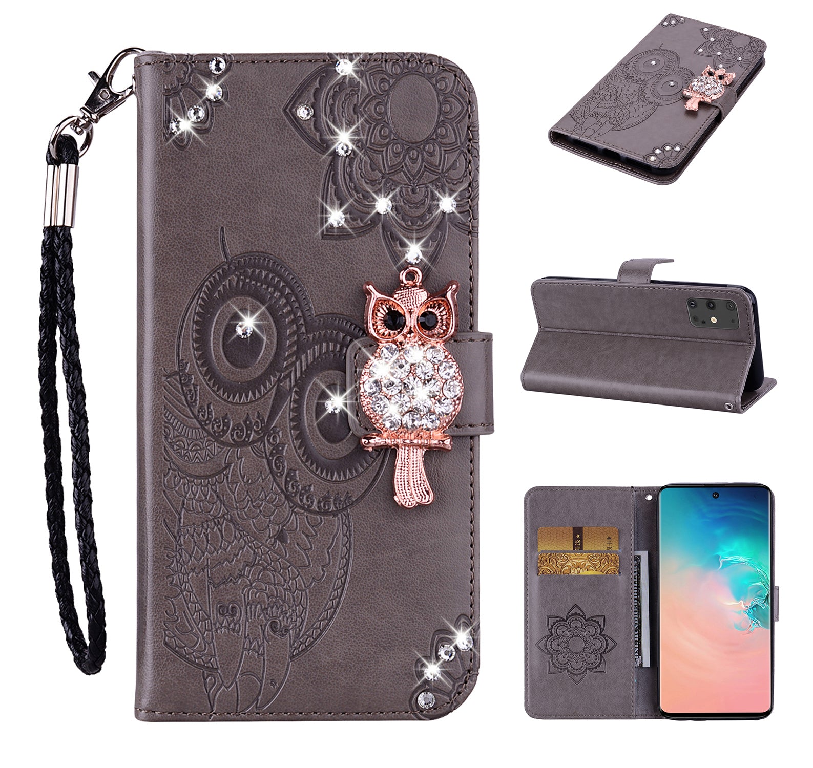 Rhinestone Decoration Imprint Owl Leather Wallet Stand Phone Cover Shell for Samsung Galaxy S20 Ultra - Brown