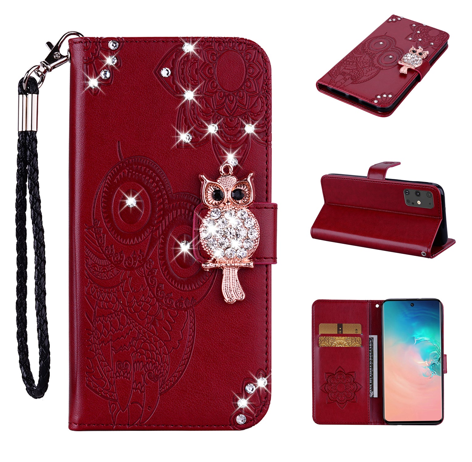 Rhinestone Decoration Imprint Owl Leather Wallet Stand Phone Cover Shell for Samsung Galaxy S20 Ultra - Red