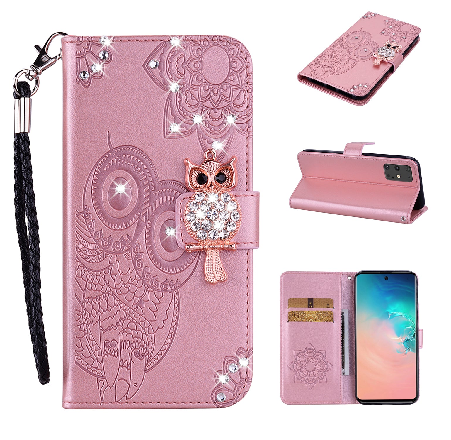 Rhinestone Decoration Imprint Owl Leather Wallet Stand Phone Cover Shell for Samsung Galaxy S20 Ultra - Rose Gold